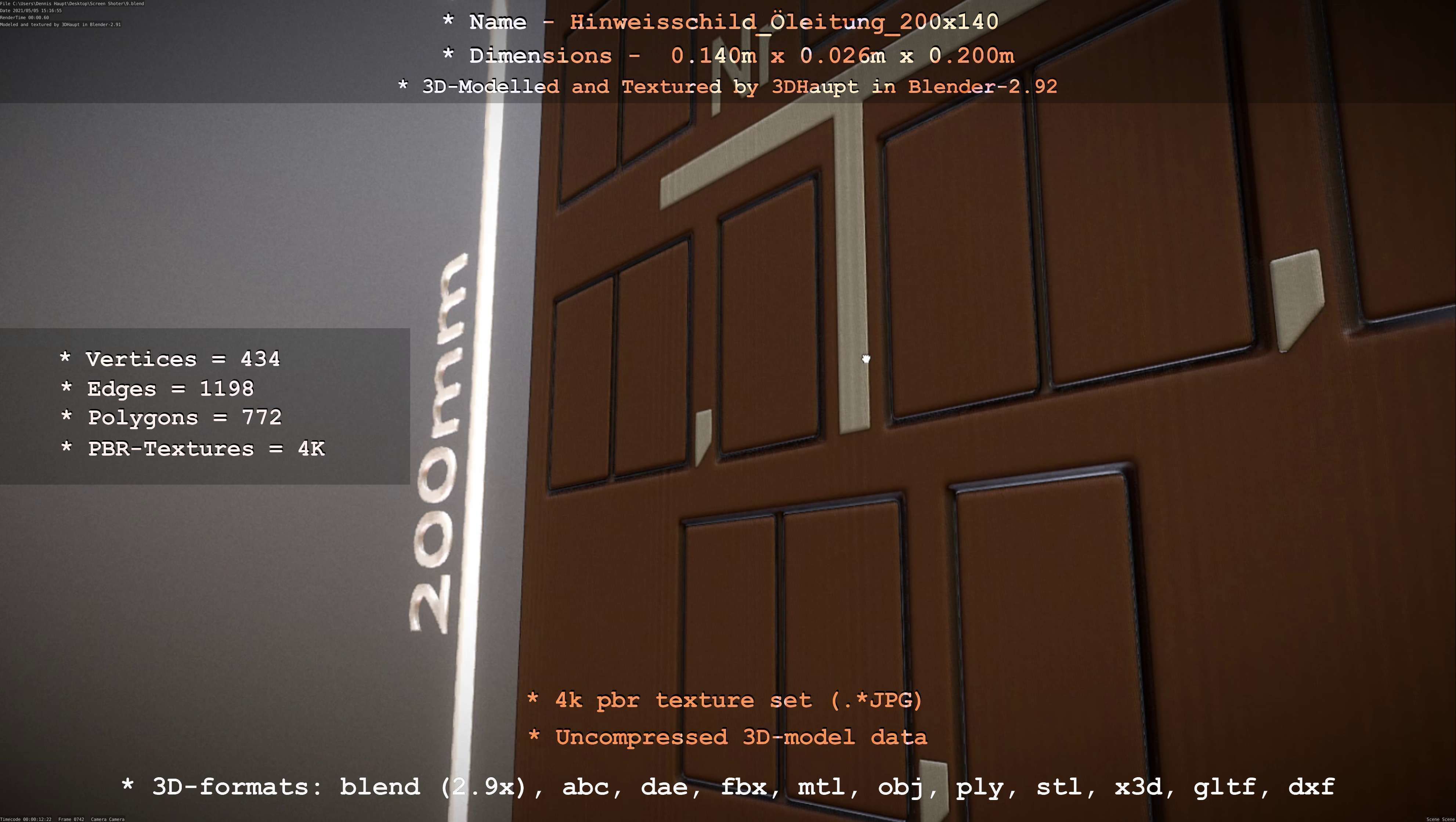 Hinweisschild Oelleitung 200x140mm Low-poly 3D model_30