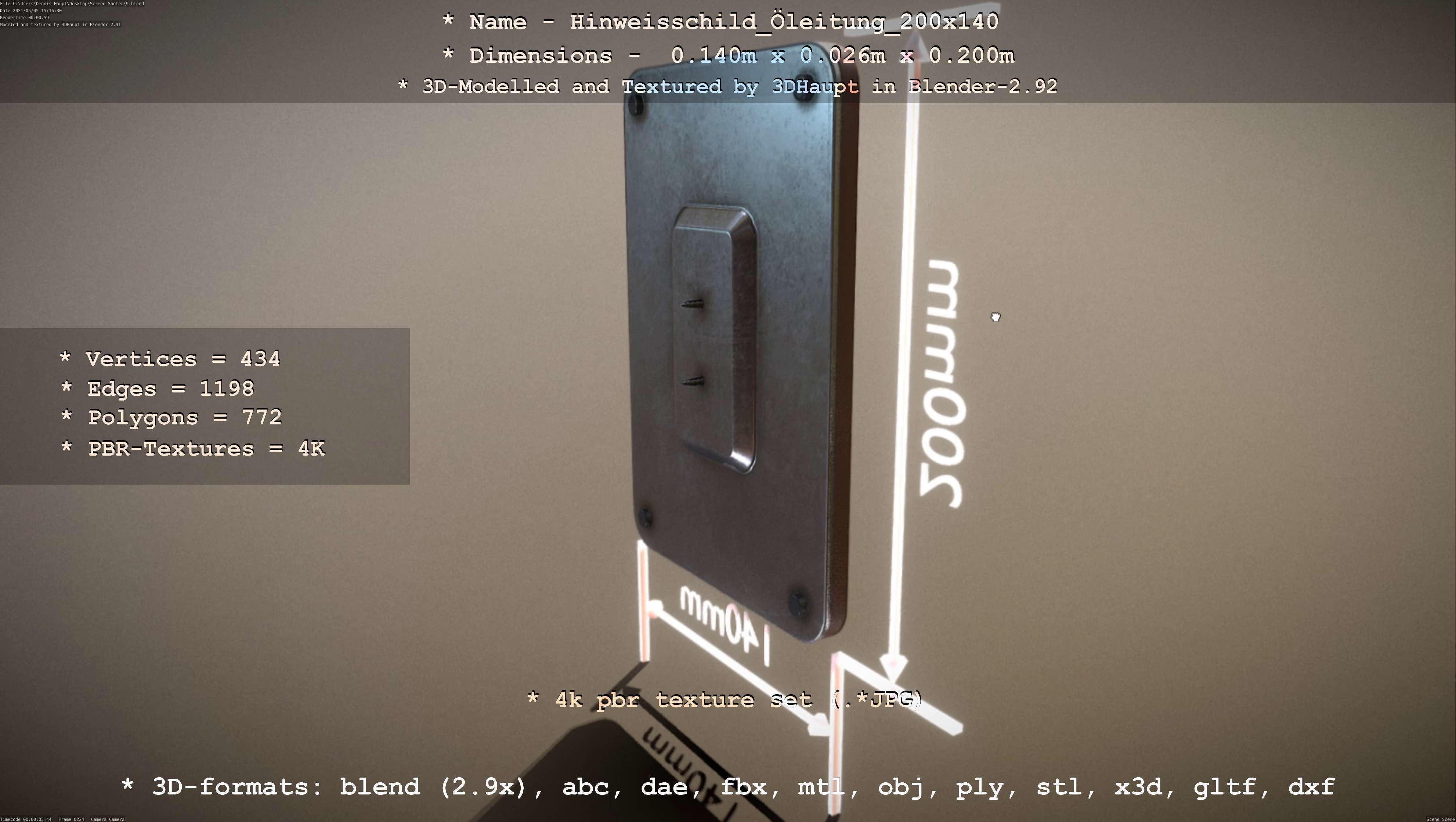 Hinweisschild Oelleitung 200x140mm Low-poly 3D model_72