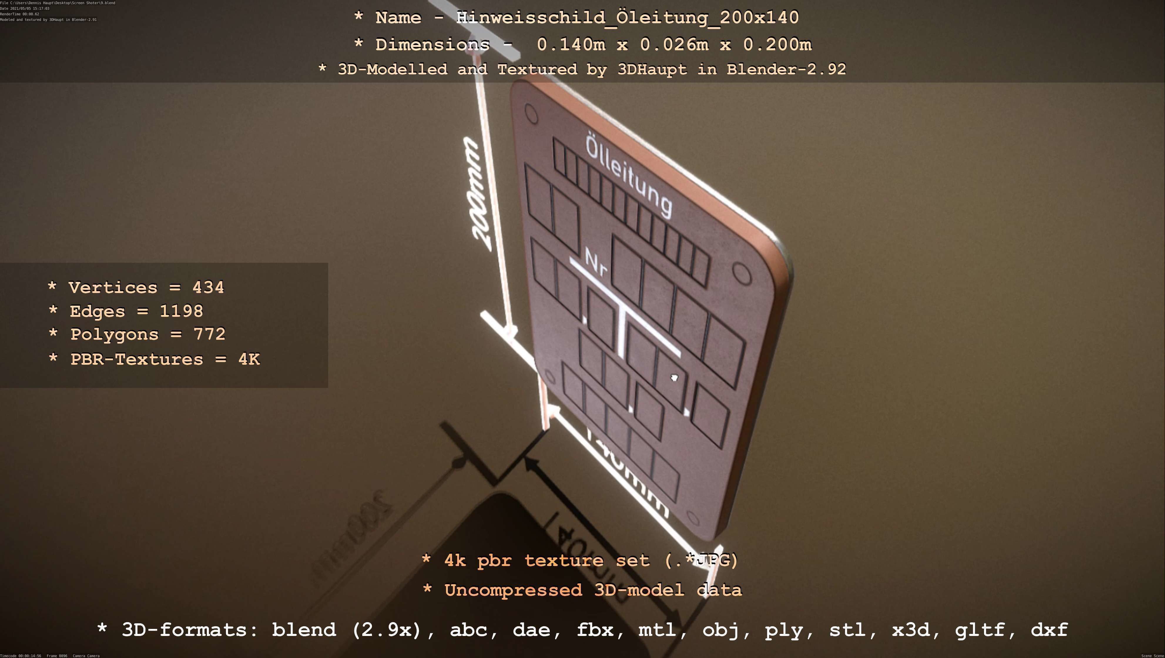 Hinweisschild Oelleitung 200x140mm Low-poly 3D model_31