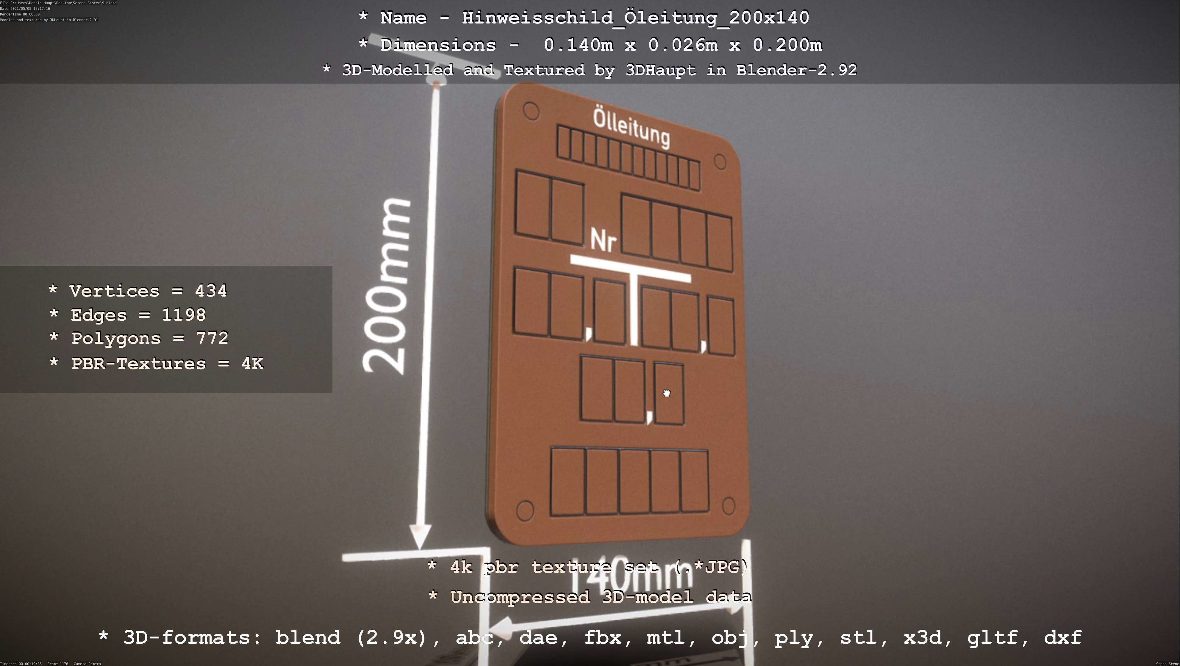 Hinweisschild Oelleitung 200x140mm Low-poly 3D model_50