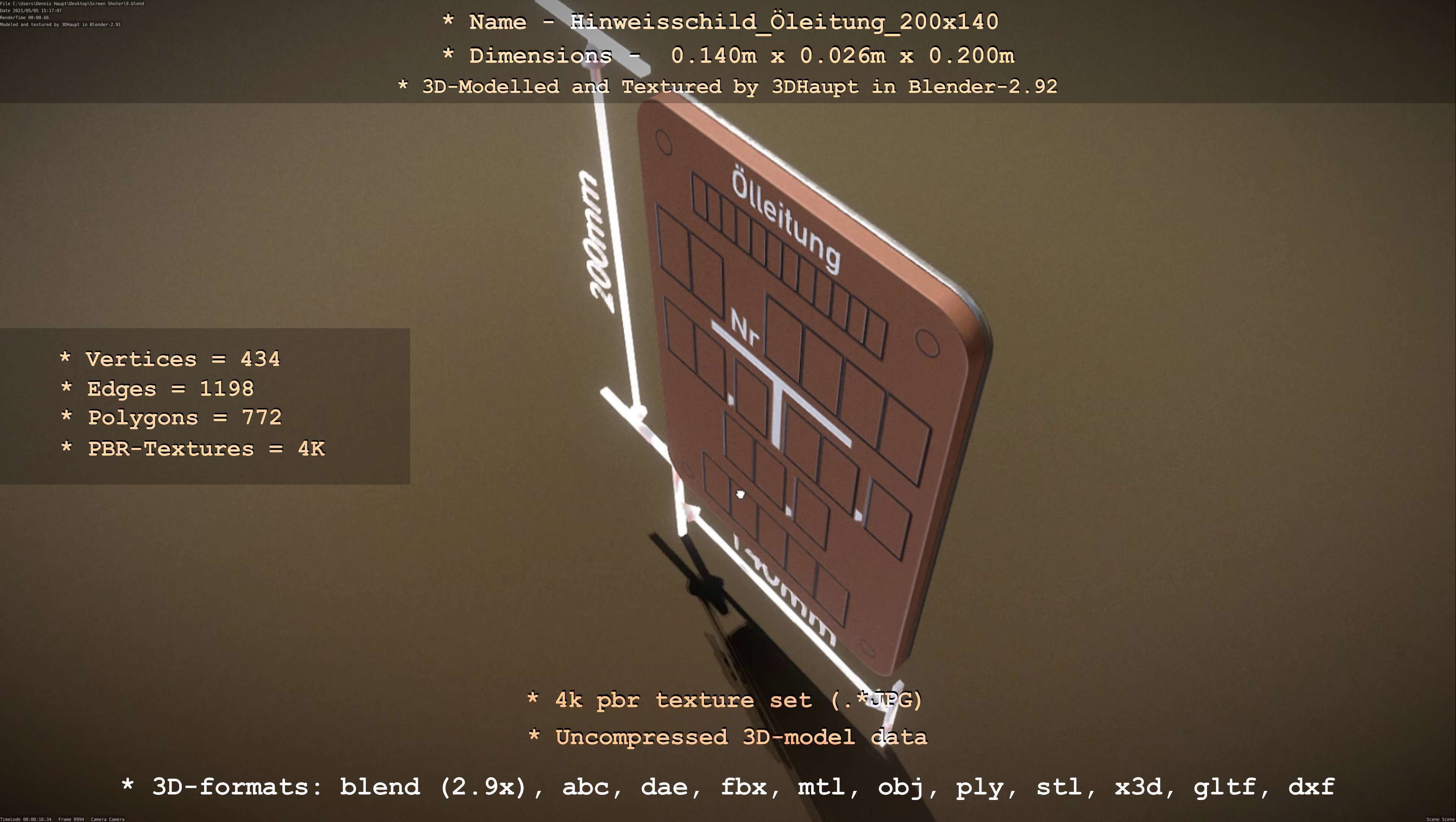 Hinweisschild Oelleitung 200x140mm Low-poly 3D model_38