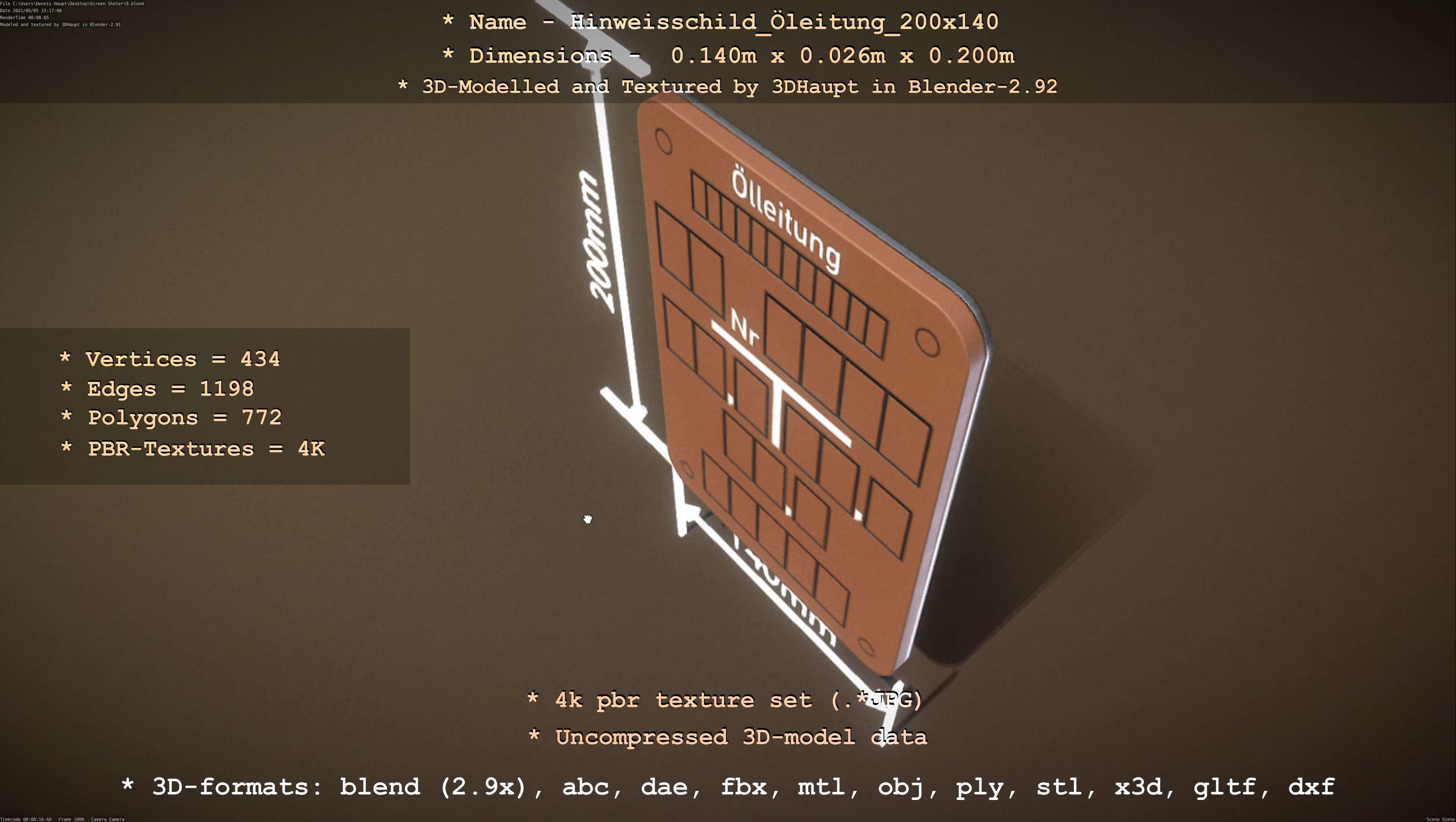 Hinweisschild Oelleitung 200x140mm Low-poly 3D model_39