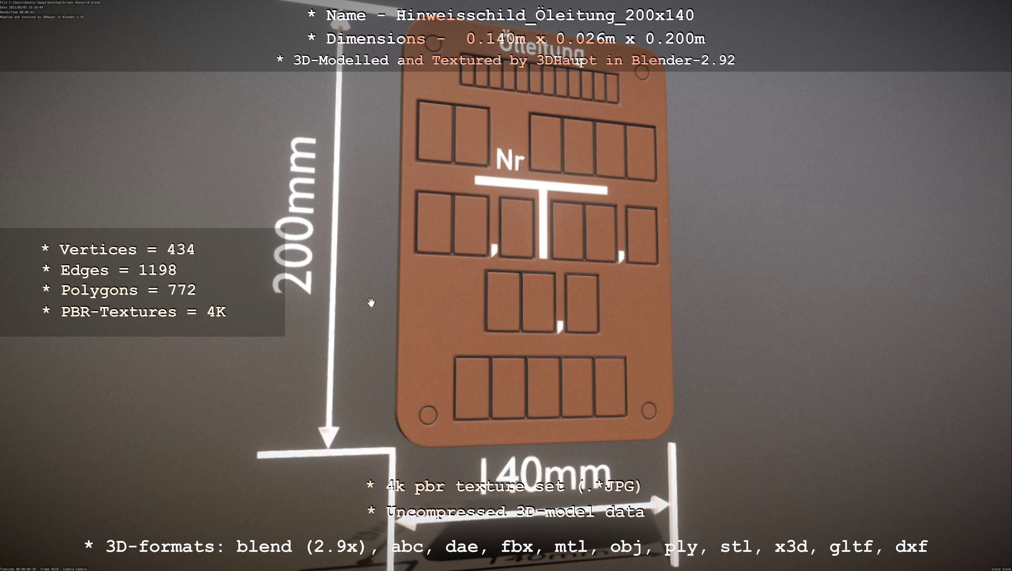 Hinweisschild Oelleitung 200x140mm Low-poly 3D model_91