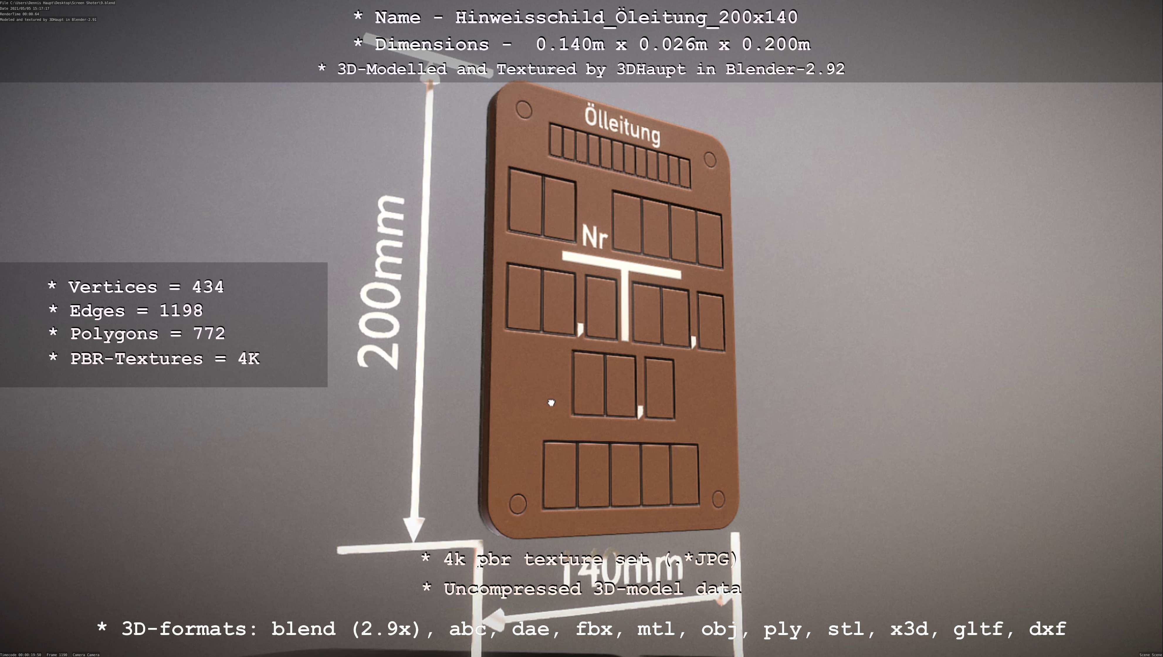 Hinweisschild Oelleitung 200x140mm Low-poly 3D model_51
