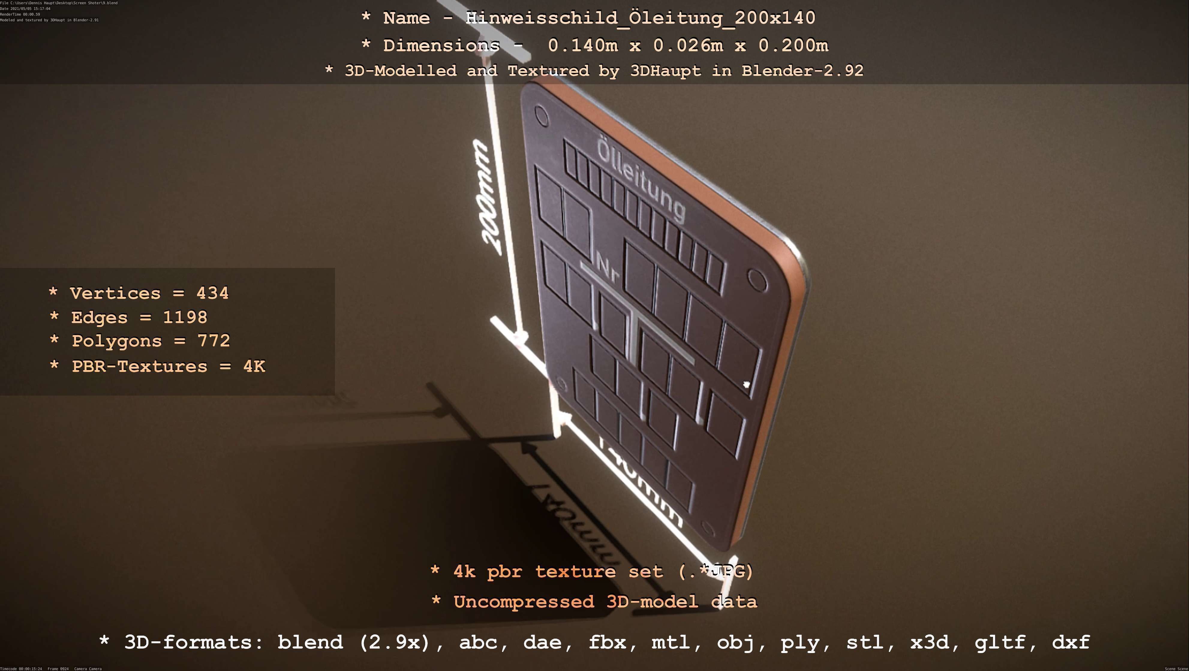 Hinweisschild Oelleitung 200x140mm Low-poly 3D model_33