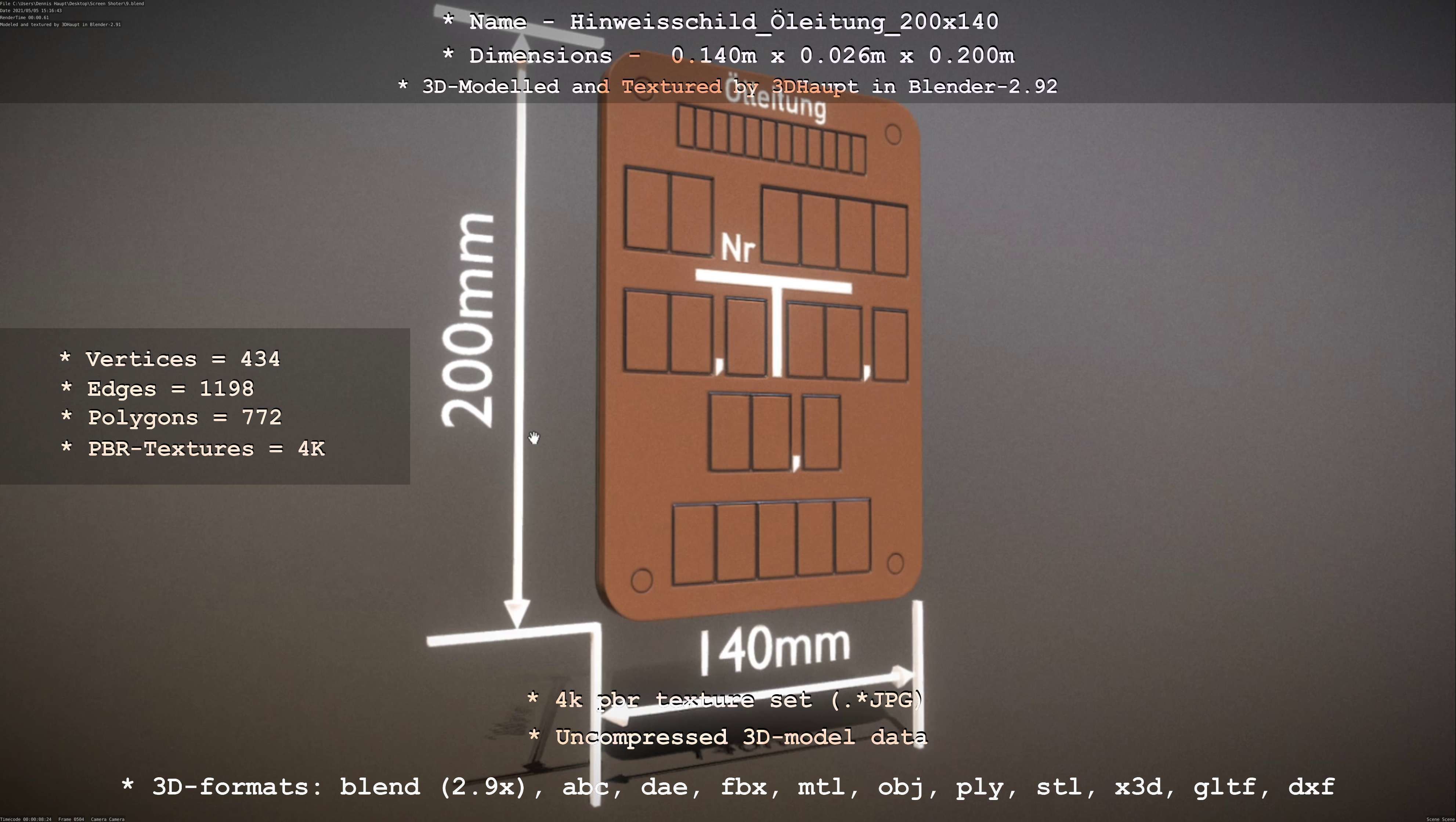 Hinweisschild Oelleitung 200x140mm Low-poly 3D model_90