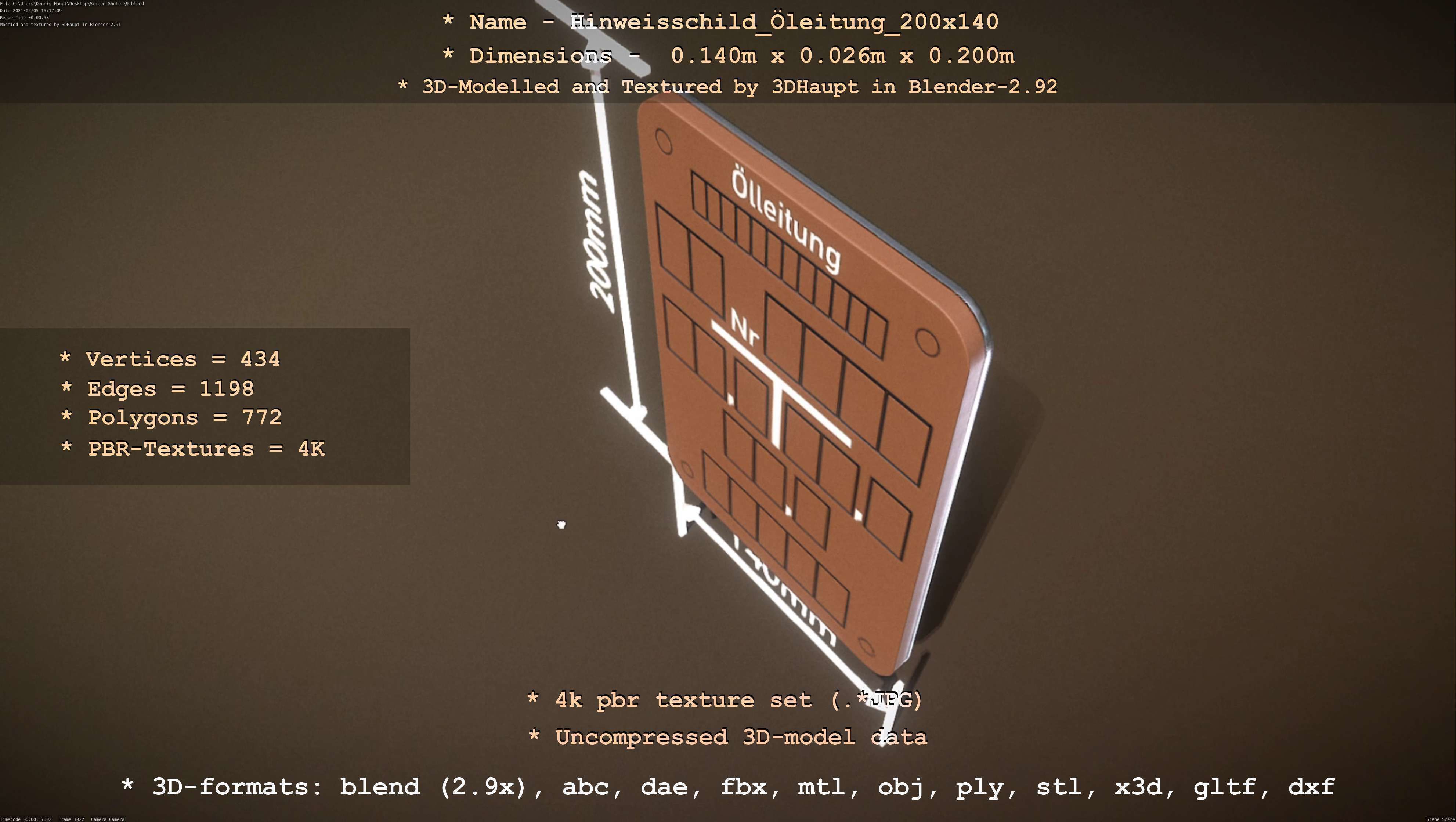 Hinweisschild Oelleitung 200x140mm Low-poly 3D model_40