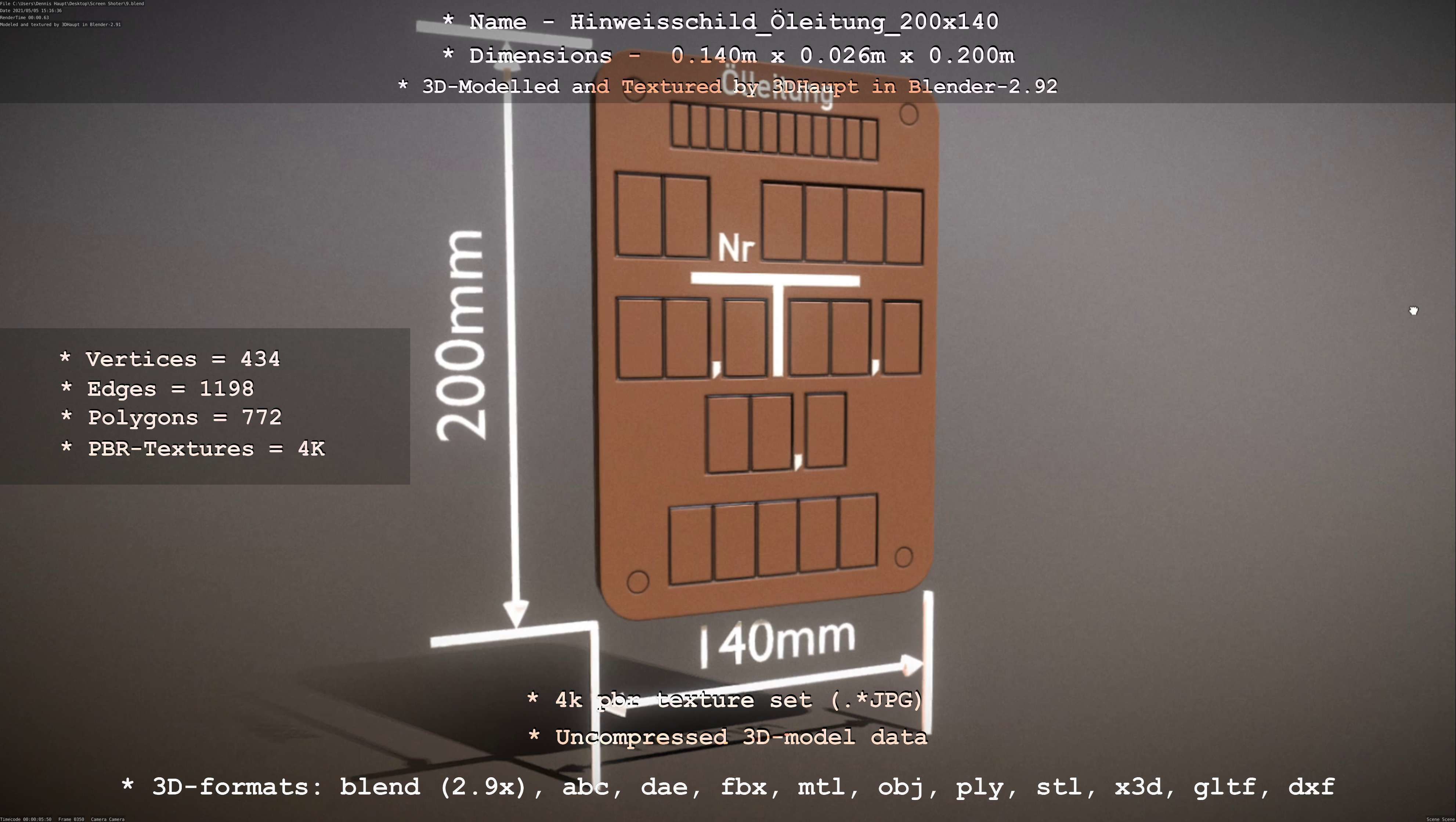 Hinweisschild Oelleitung 200x140mm Low-poly 3D model_80
