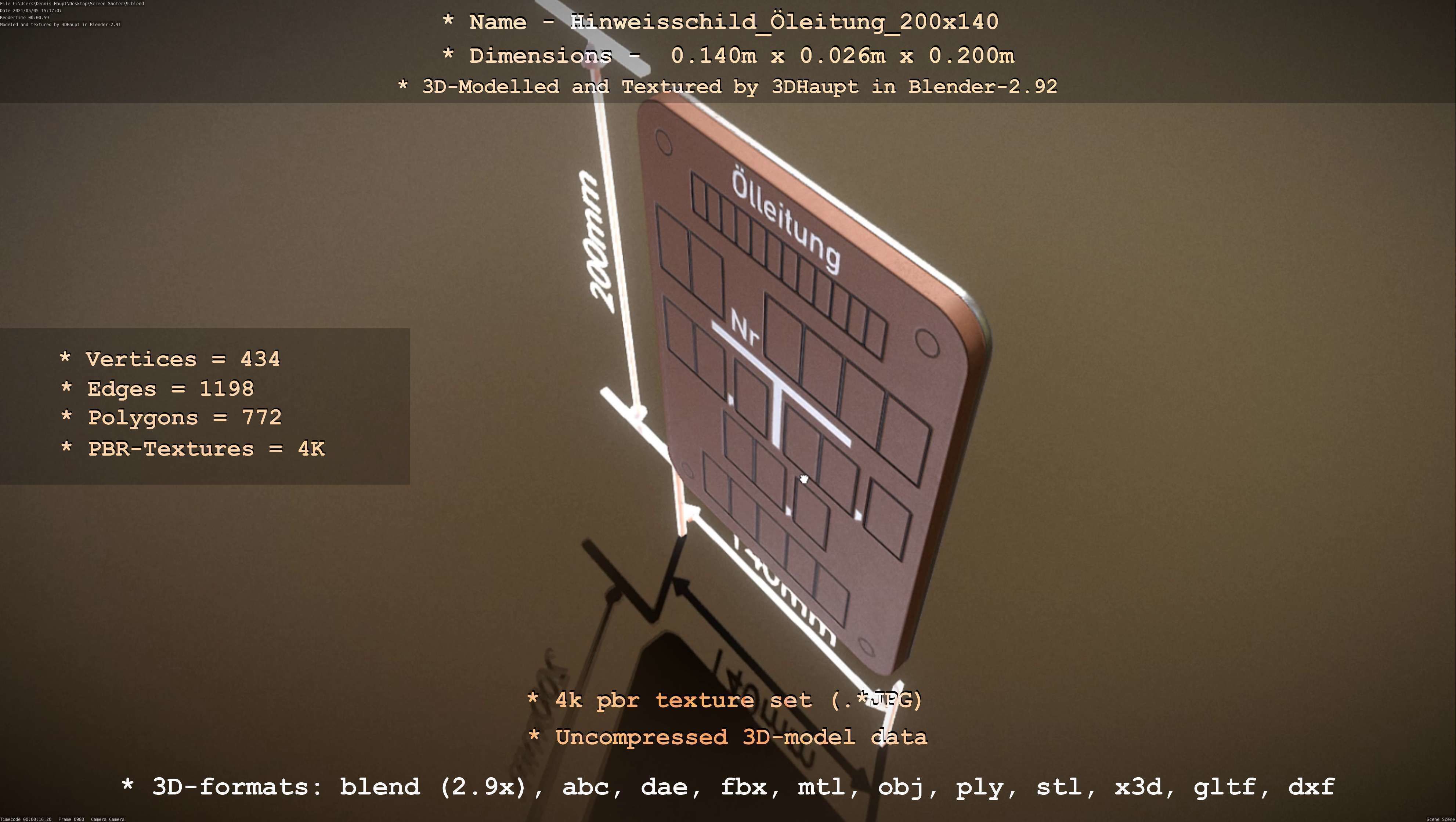 Hinweisschild Oelleitung 200x140mm Low-poly 3D model_37