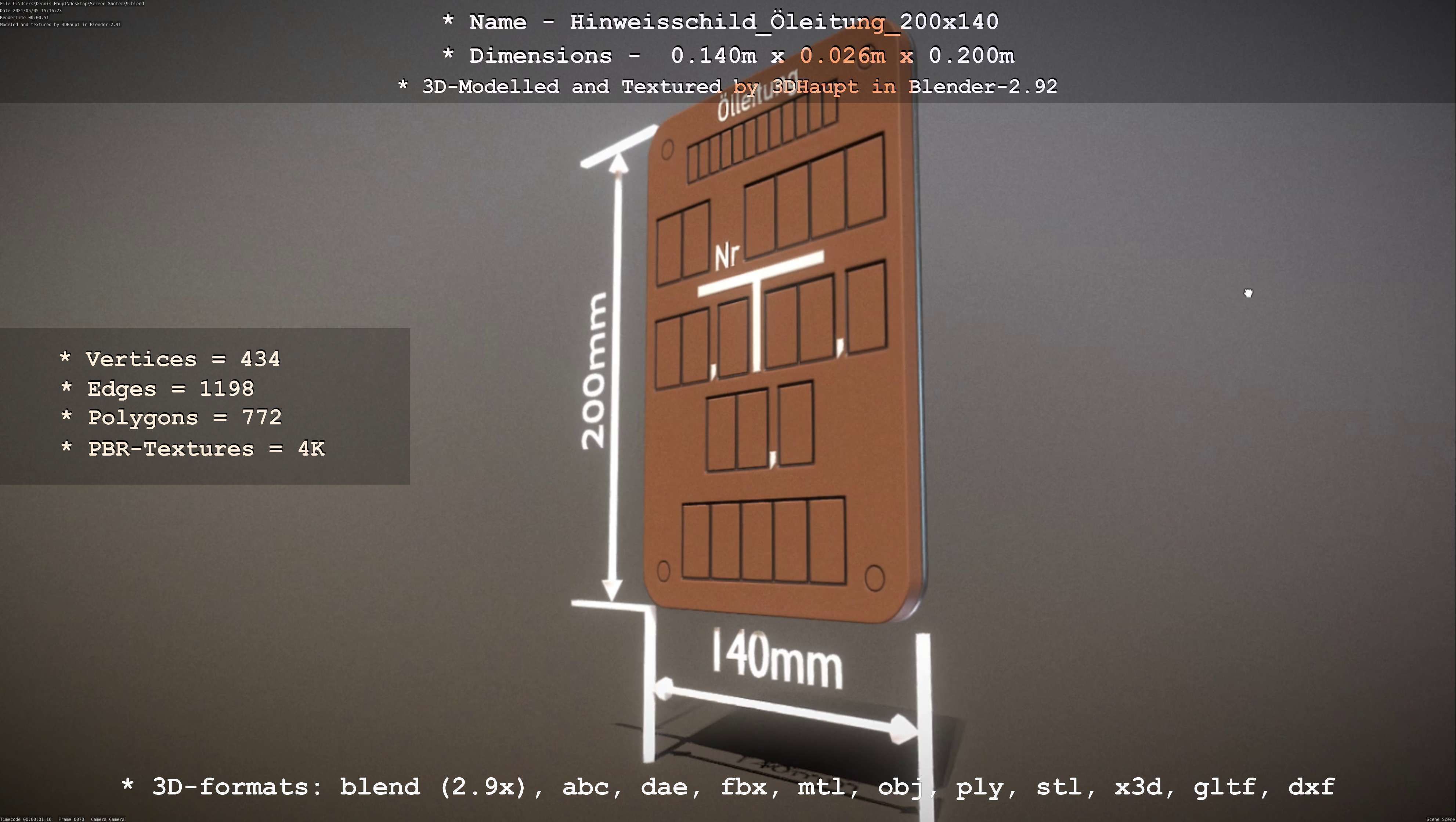 Hinweisschild Oelleitung 200x140mm Low-poly 3D model_22