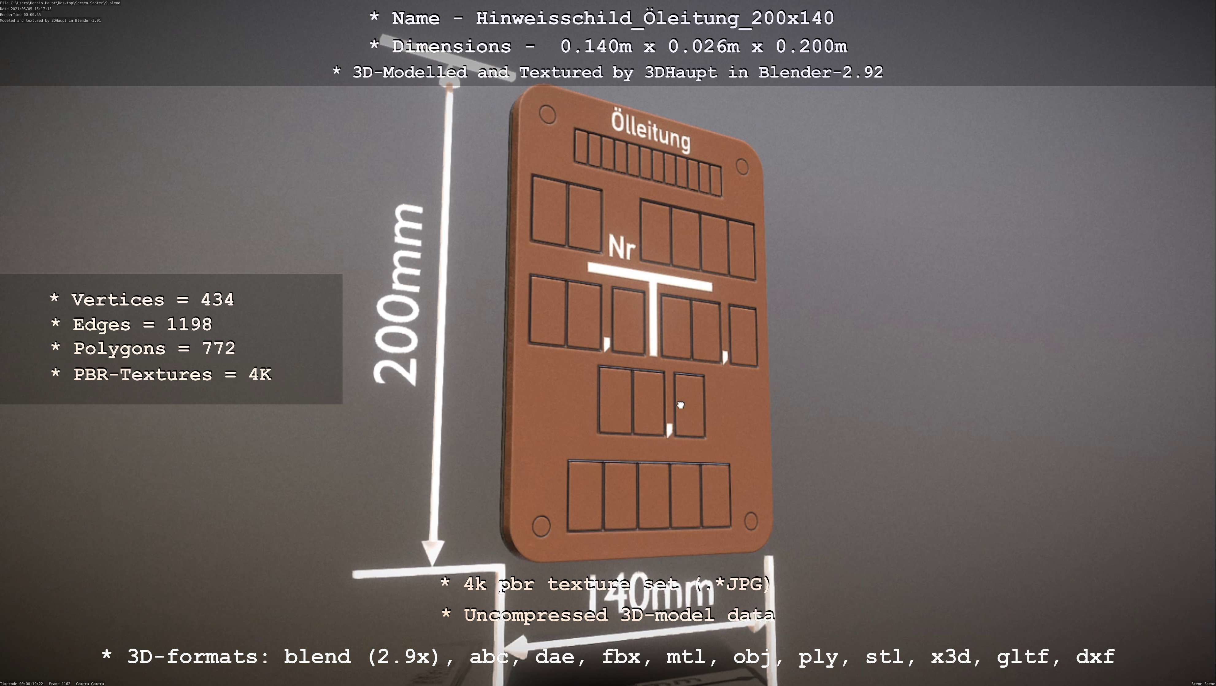 Hinweisschild Oelleitung 200x140mm Low-poly 3D model_9