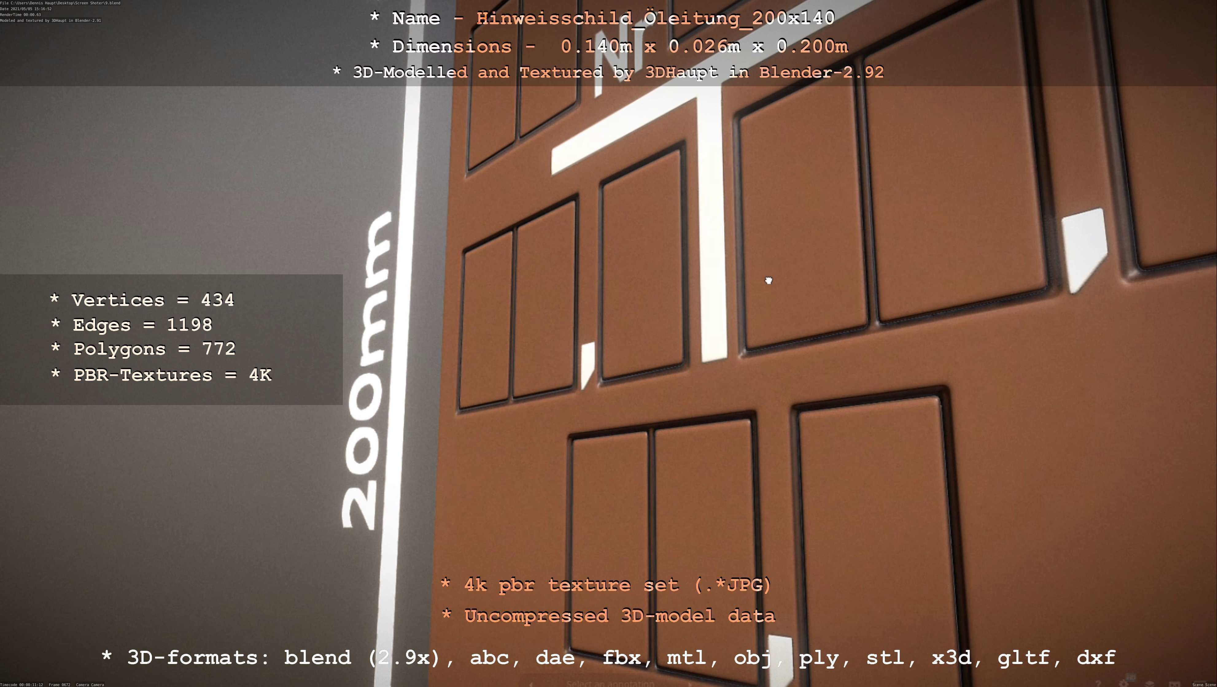 Hinweisschild Oelleitung 200x140mm Low-poly 3D model_100