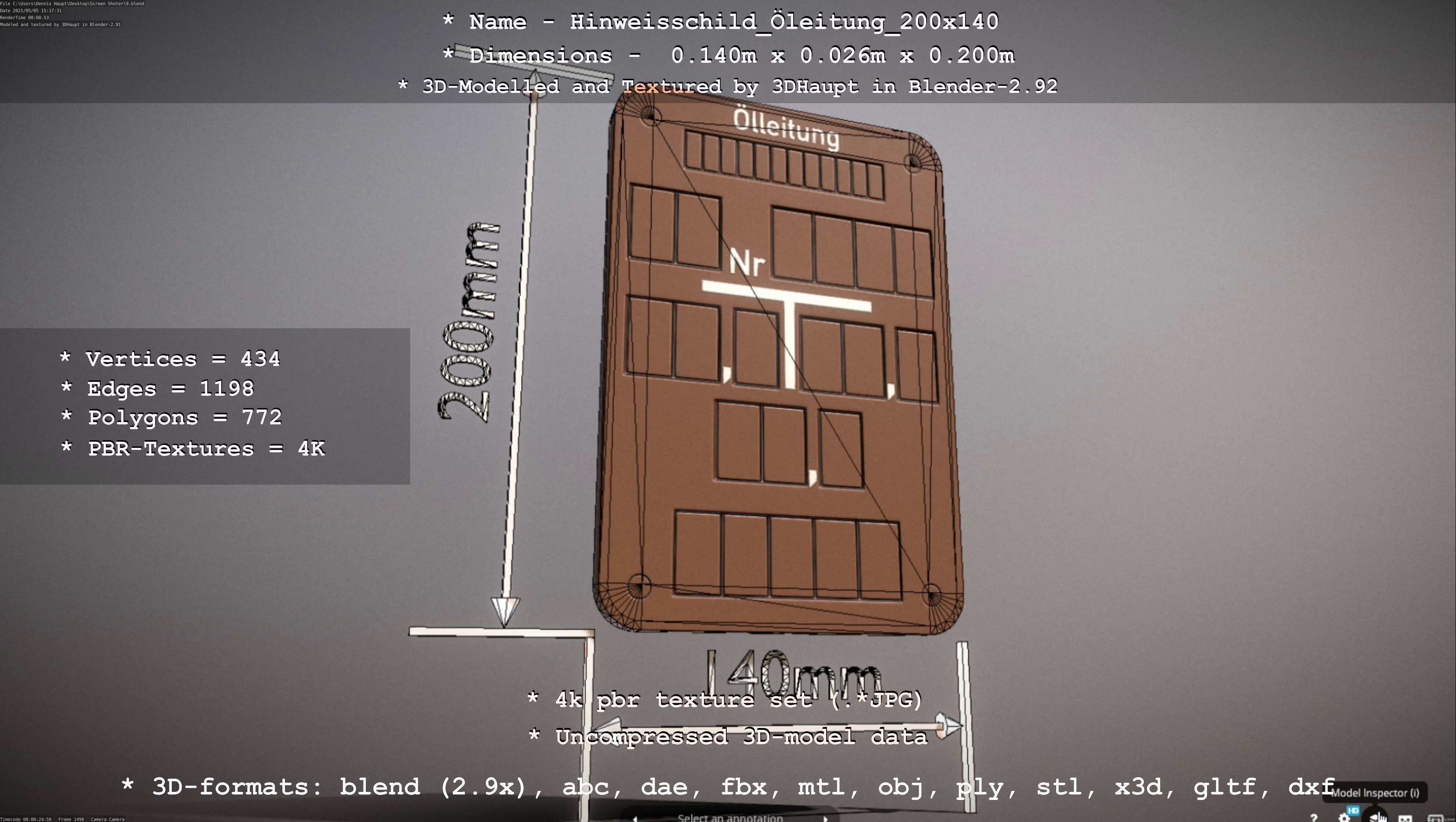 Hinweisschild Oelleitung 200x140mm Low-poly 3D model_11