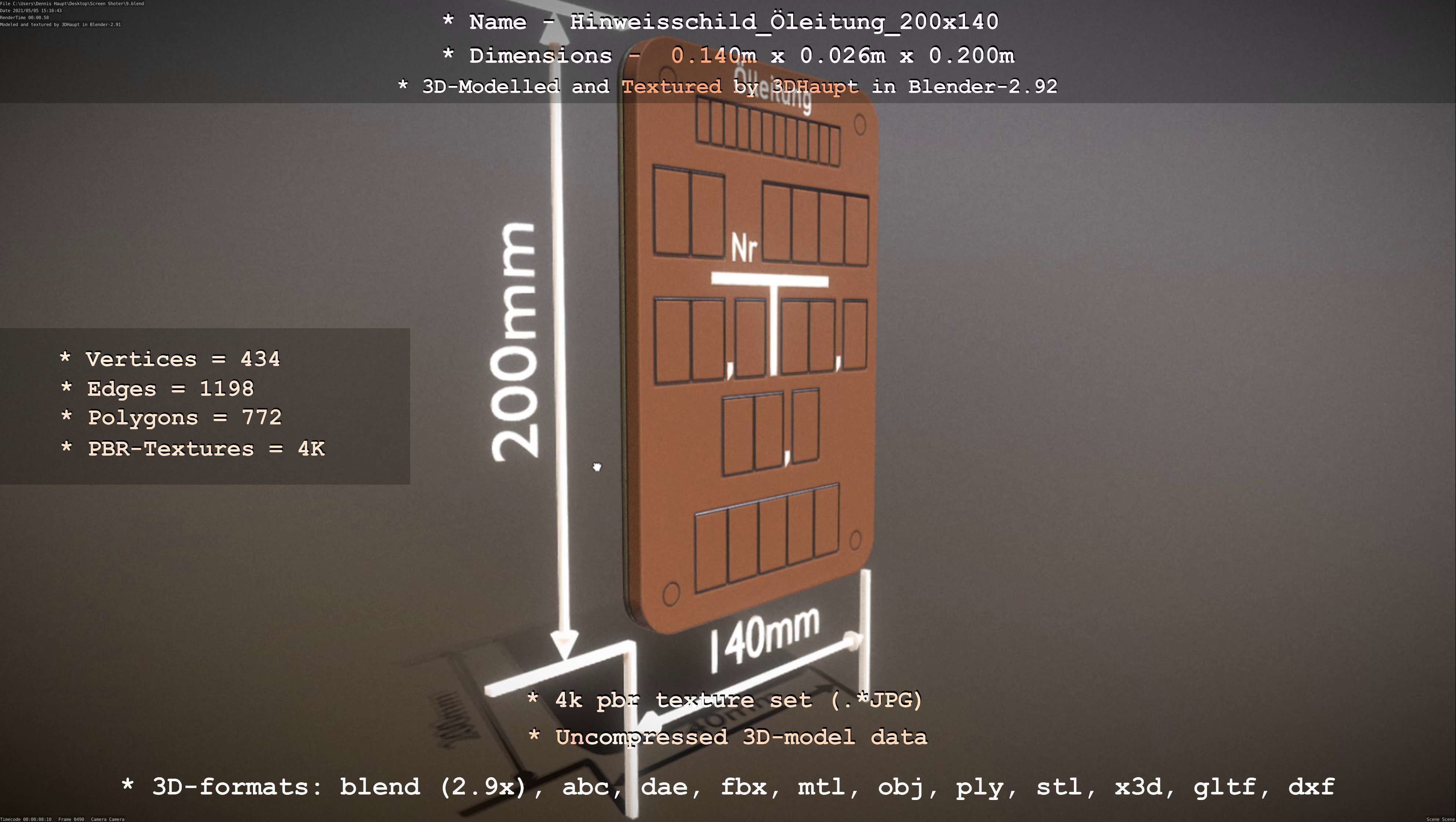 Hinweisschild Oelleitung 200x140mm Low-poly 3D model_29