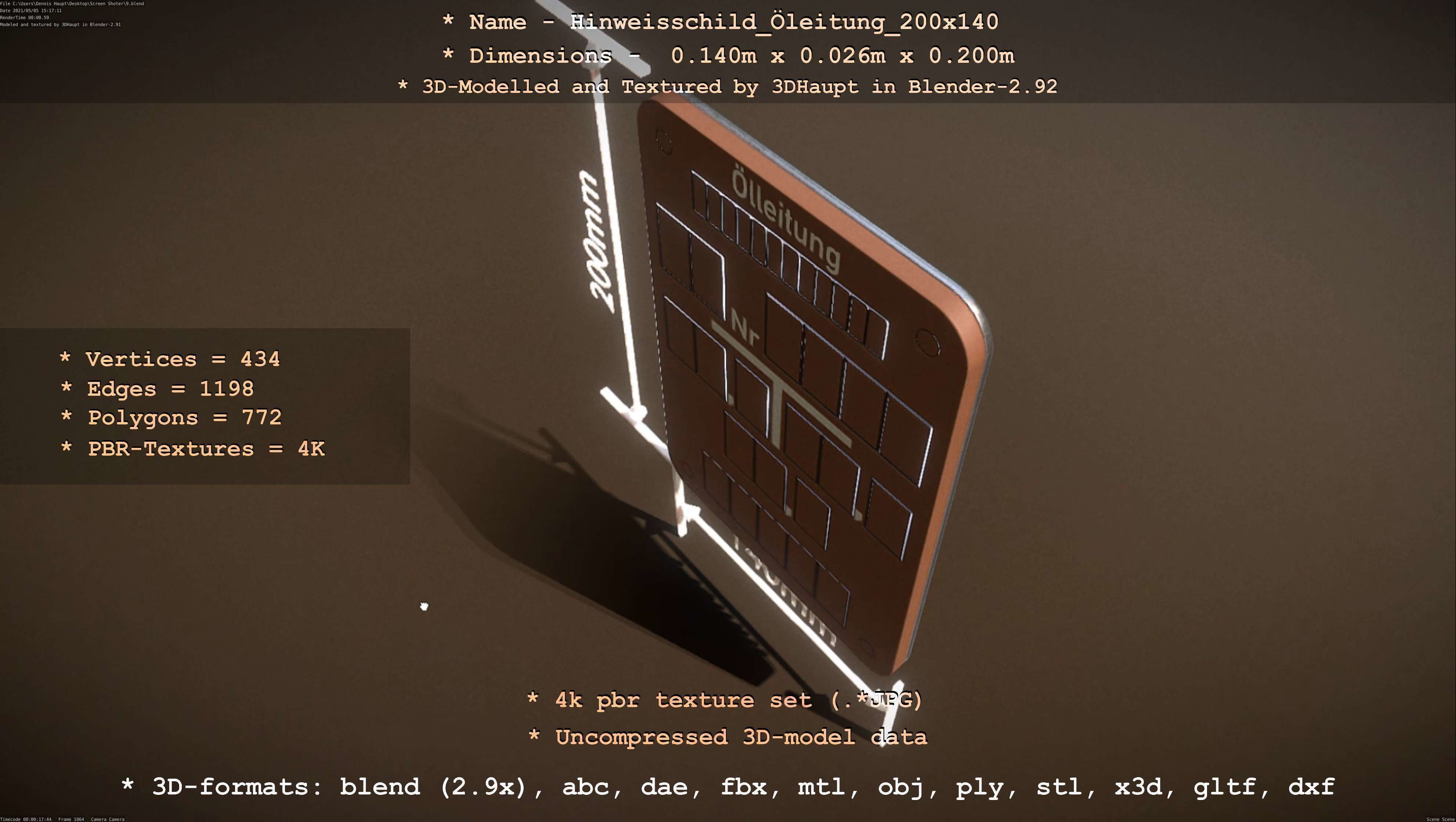 Hinweisschild Oelleitung 200x140mm Low-poly 3D model_8