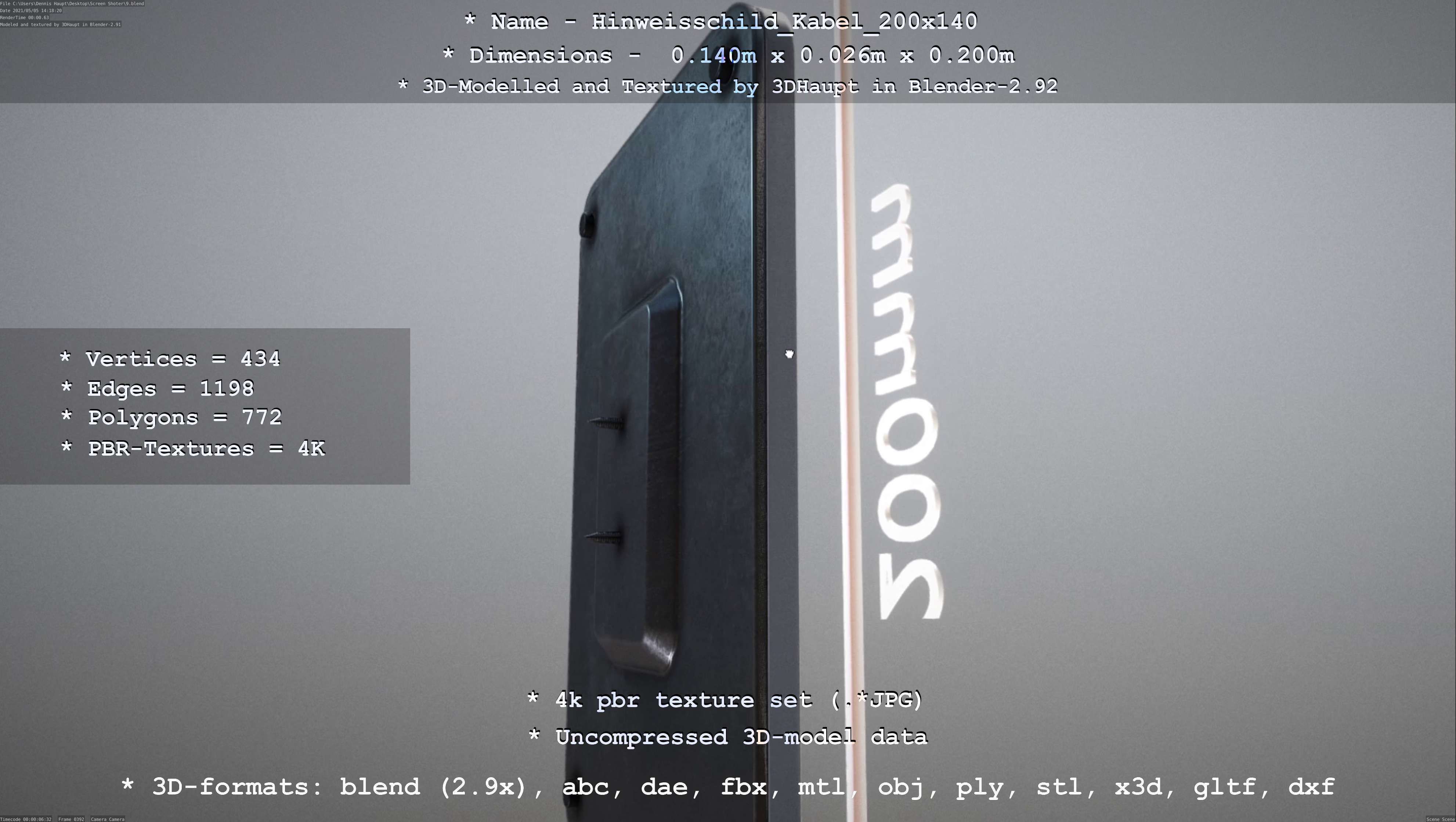 Hinweisschild Kabel 200x140mm Low-poly 3D model_74