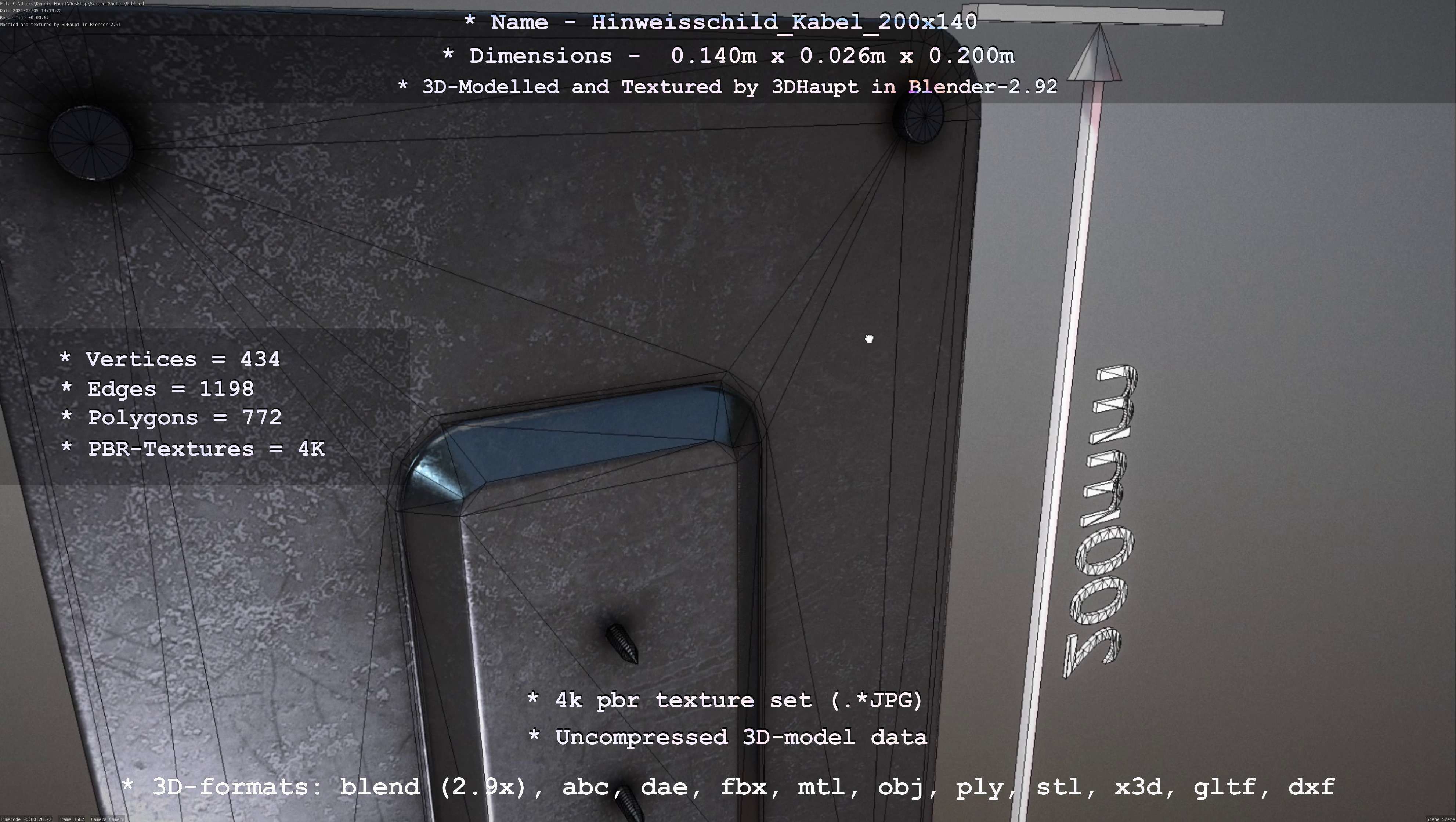 Hinweisschild Kabel 200x140mm Low-poly 3D model_3