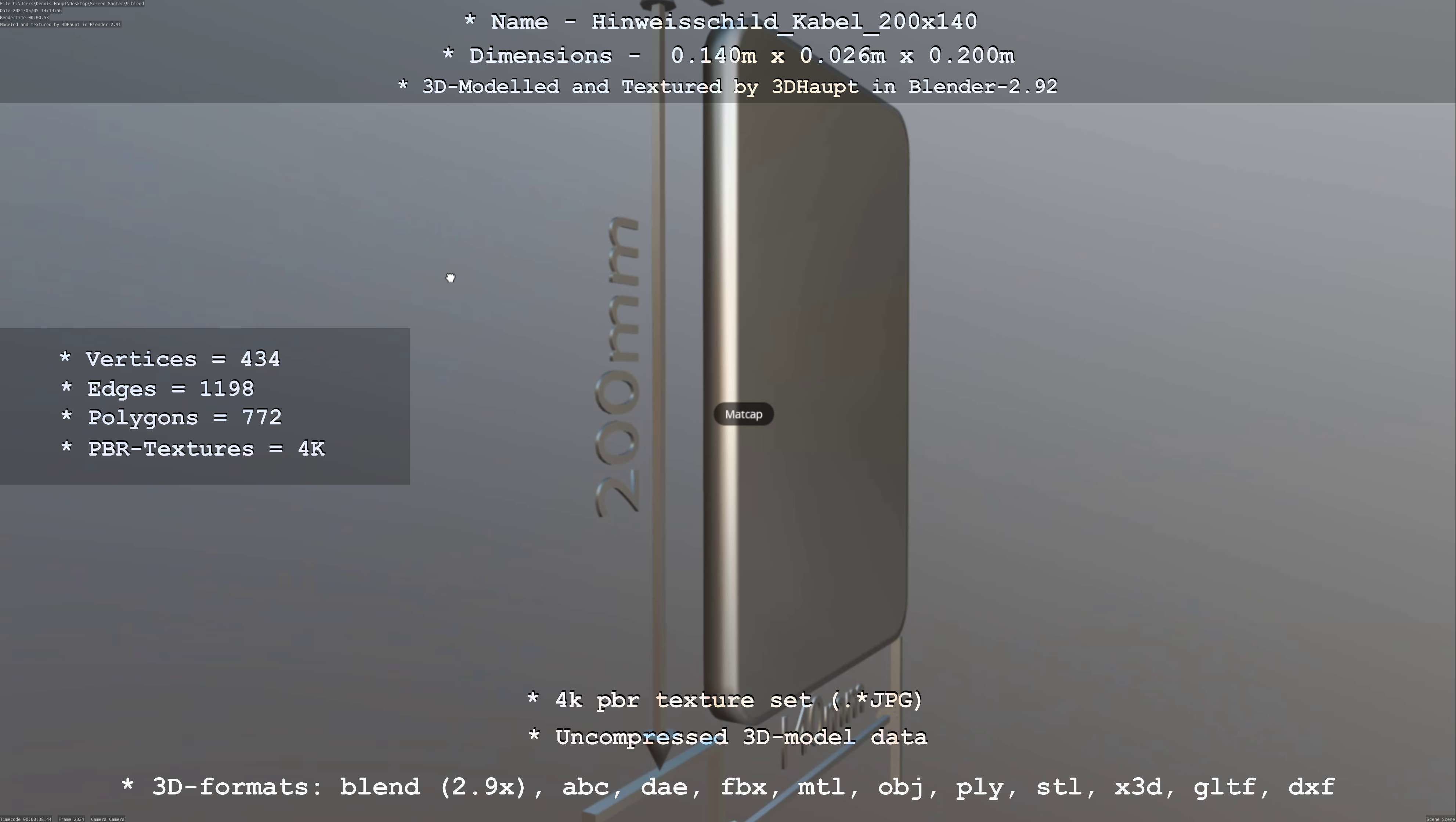 Hinweisschild Kabel 200x140mm Low-poly 3D model_10