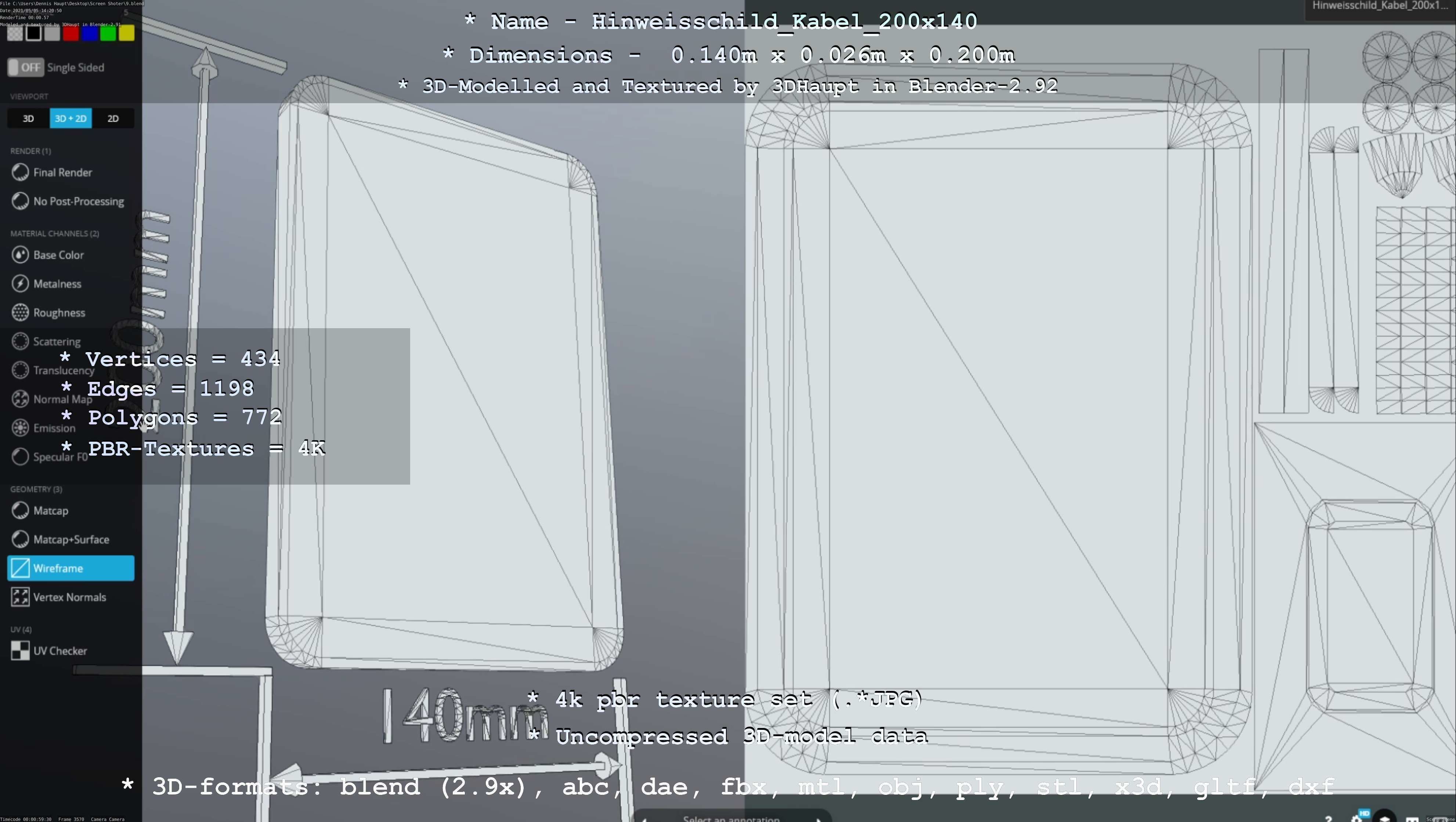 Hinweisschild Kabel 200x140mm Low-poly 3D model_59