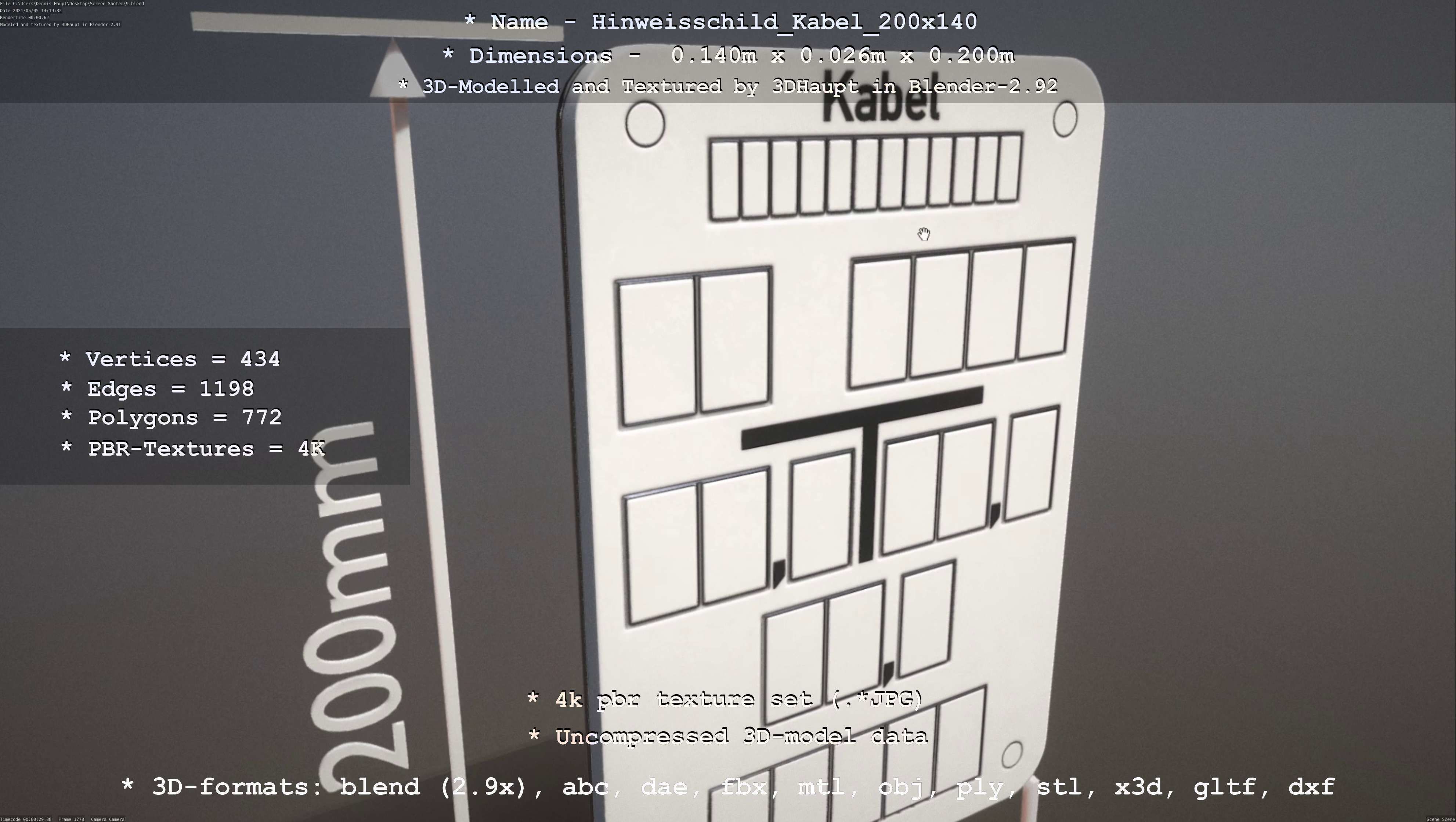 Hinweisschild Kabel 200x140mm Low-poly 3D model_104