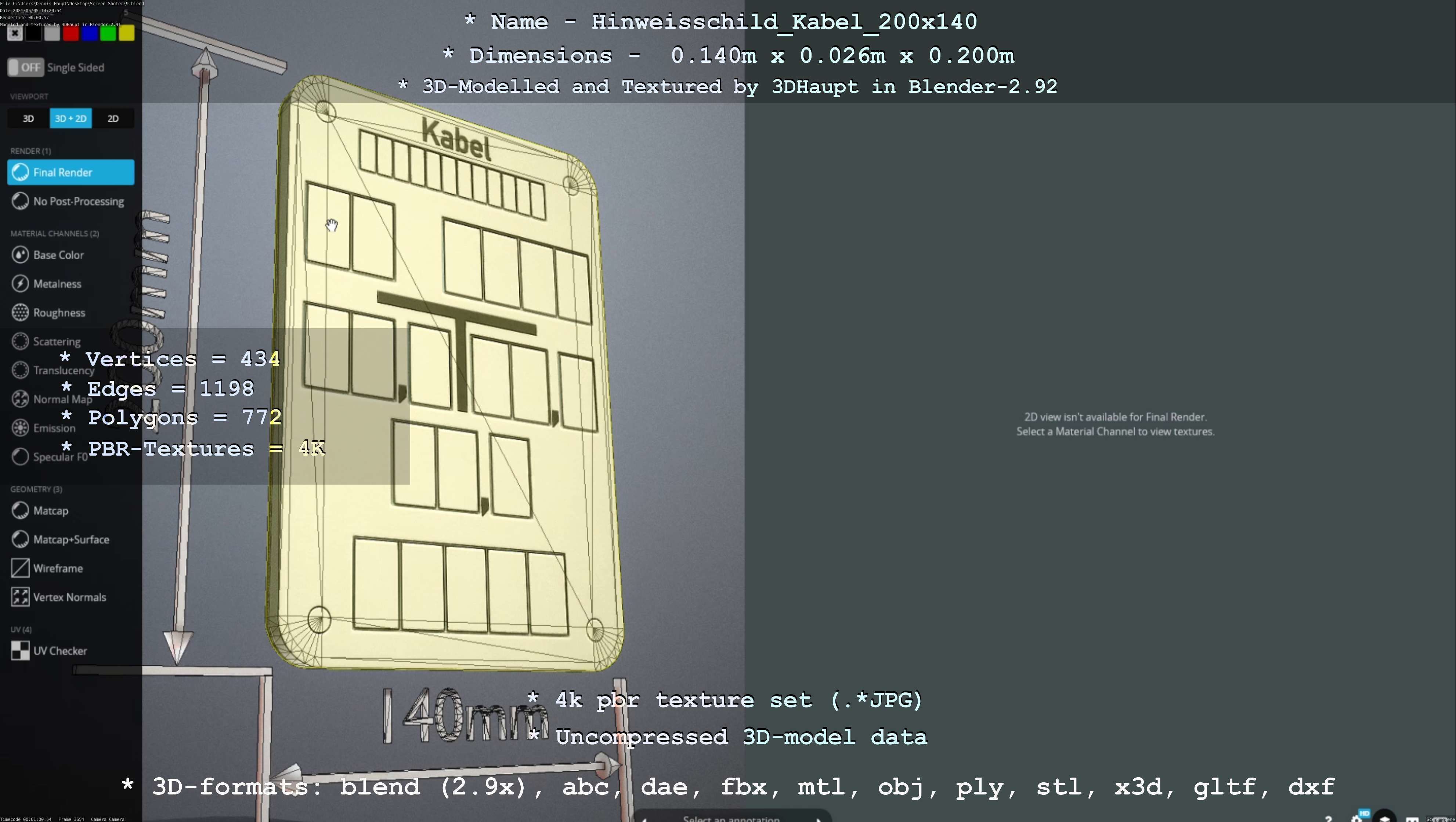 Hinweisschild Kabel 200x140mm Low-poly 3D model_62
