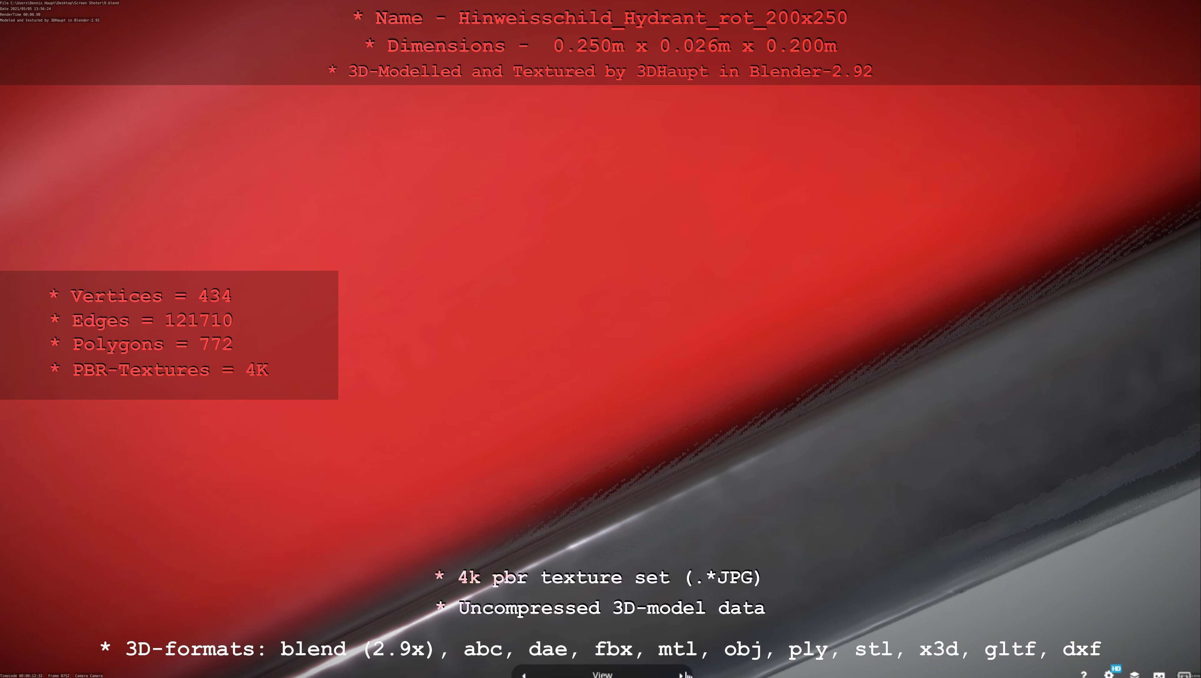 Hinweisschild Hydrant rot 200x250mm Low-poly 3D model_6