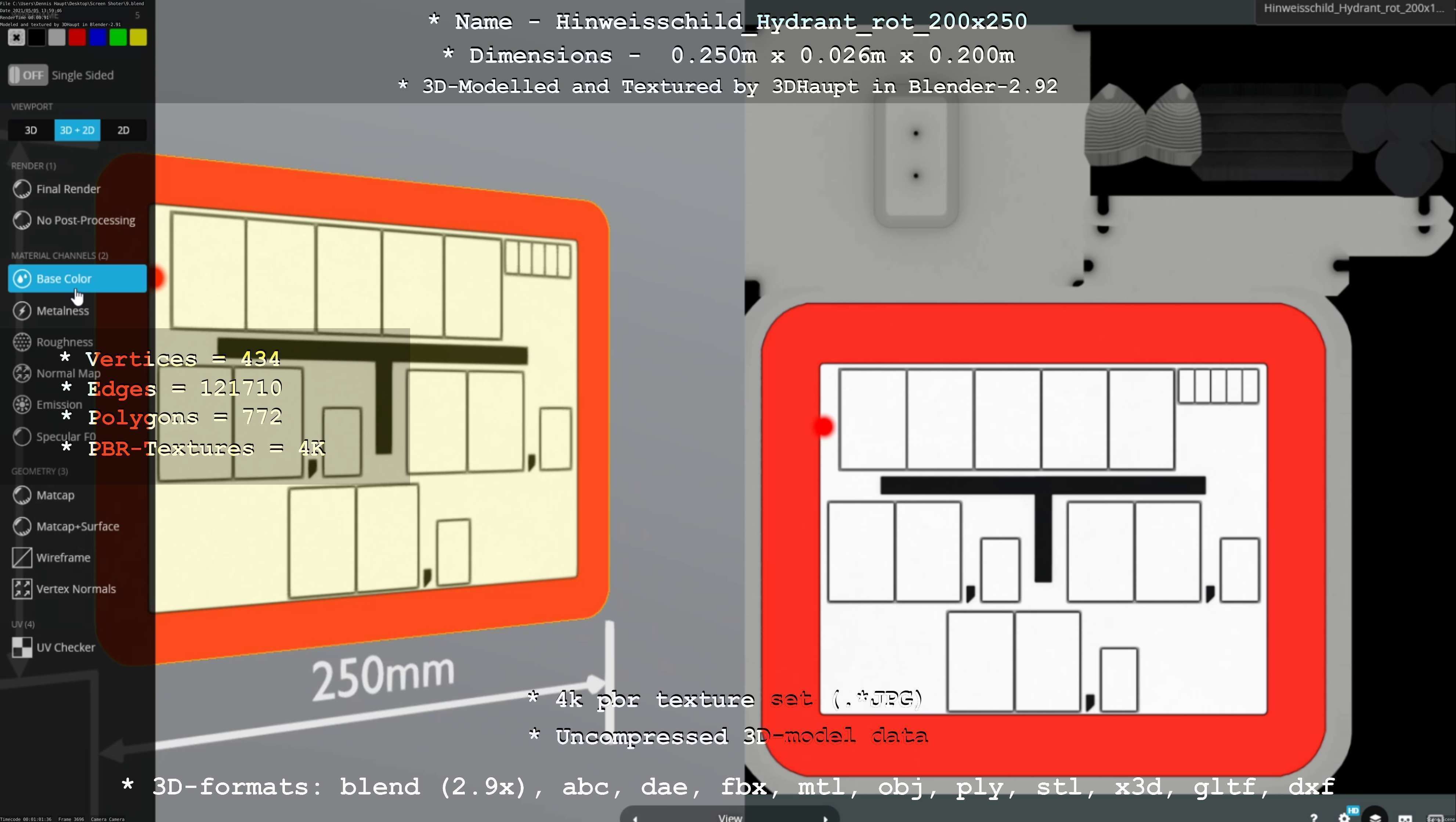 Hinweisschild Hydrant rot 200x250mm Low-poly 3D model_30