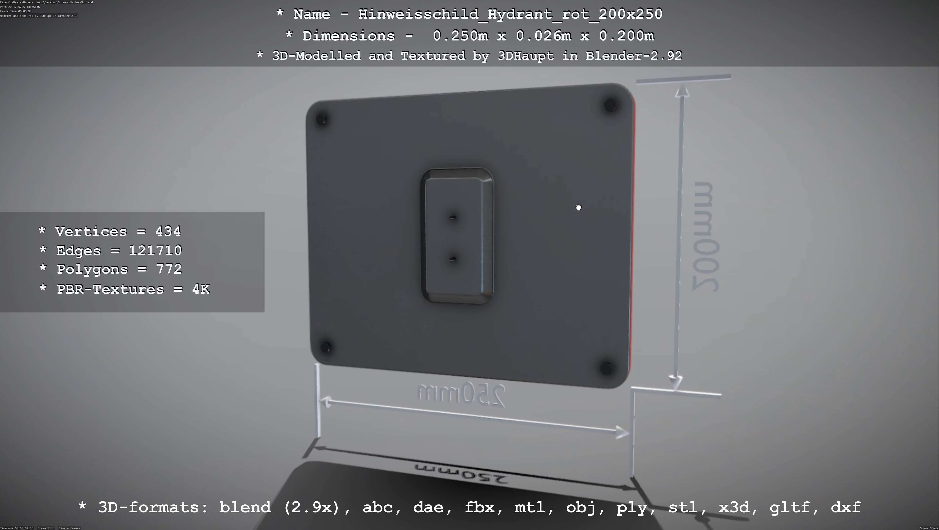 Hinweisschild Hydrant rot 200x250mm Low-poly 3D model_5