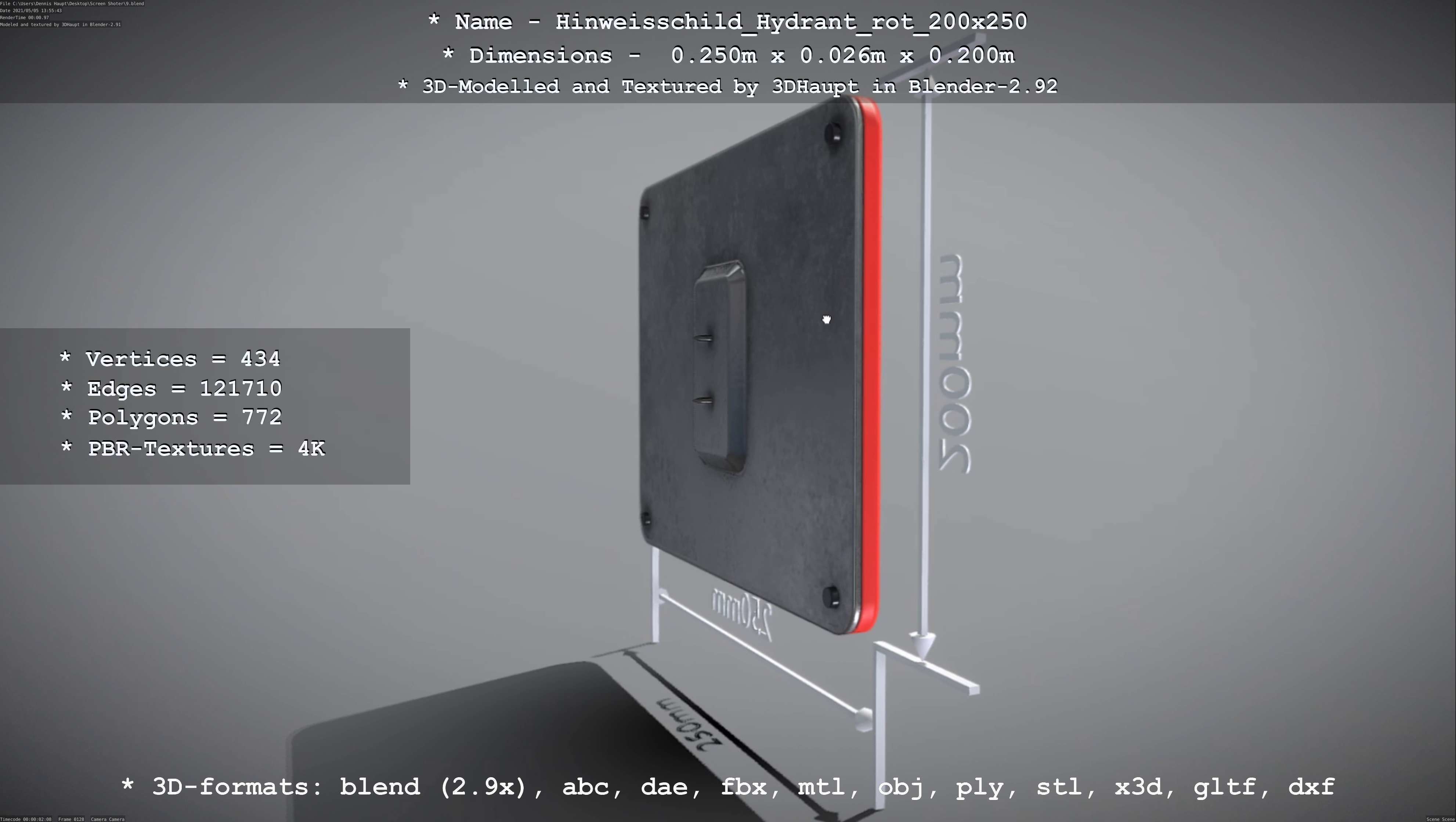 Hinweisschild Hydrant rot 200x250mm Low-poly 3D model_37