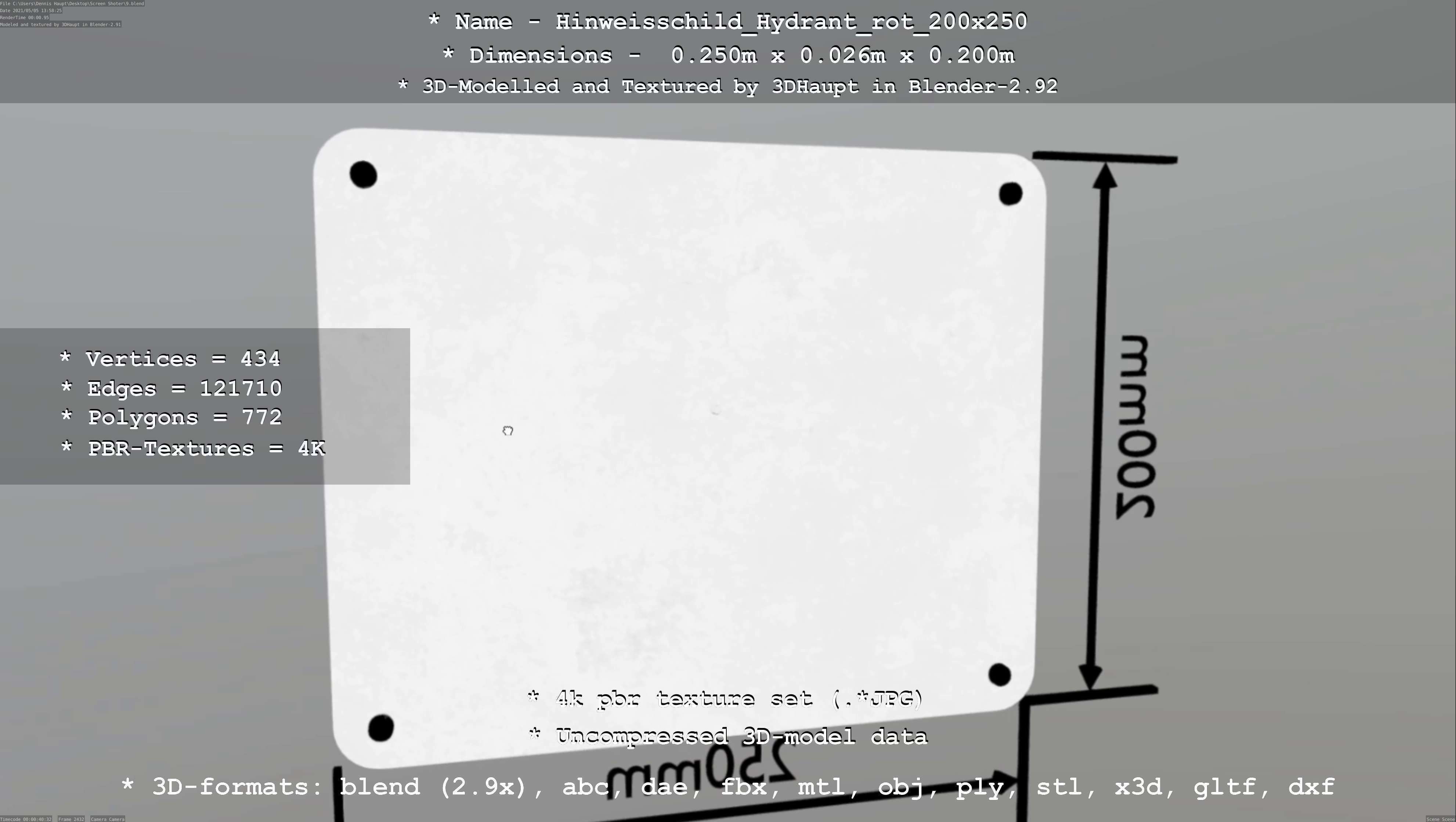 Hinweisschild Hydrant rot 200x250mm Low-poly 3D model_45