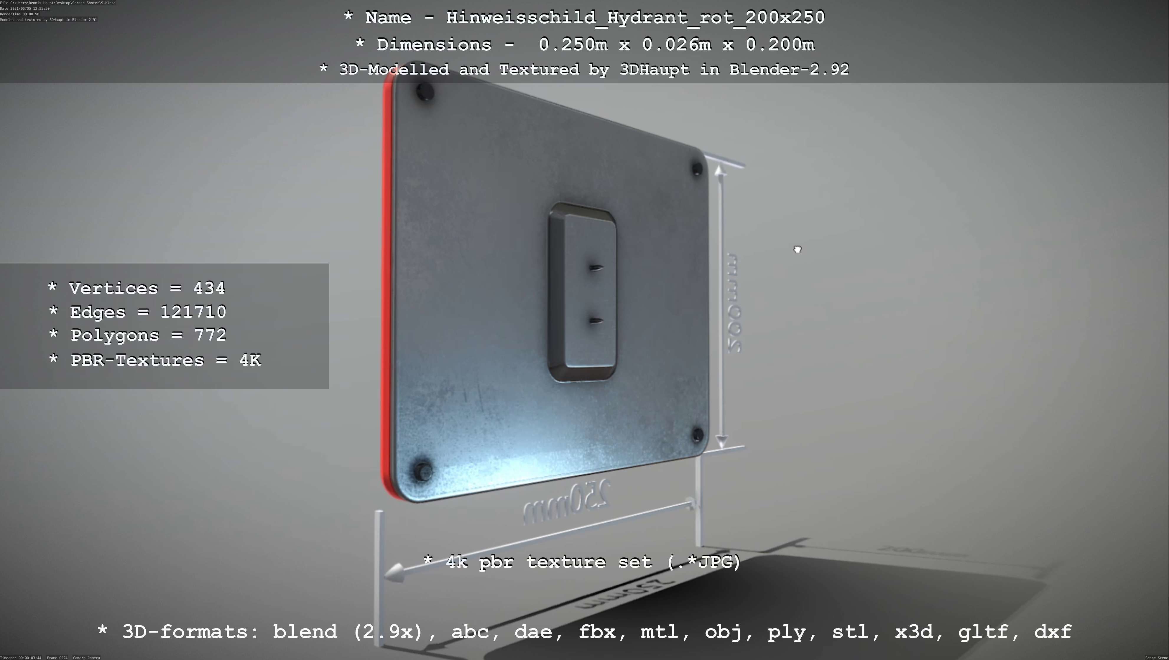 Hinweisschild Hydrant rot 200x250mm Low-poly 3D model_13