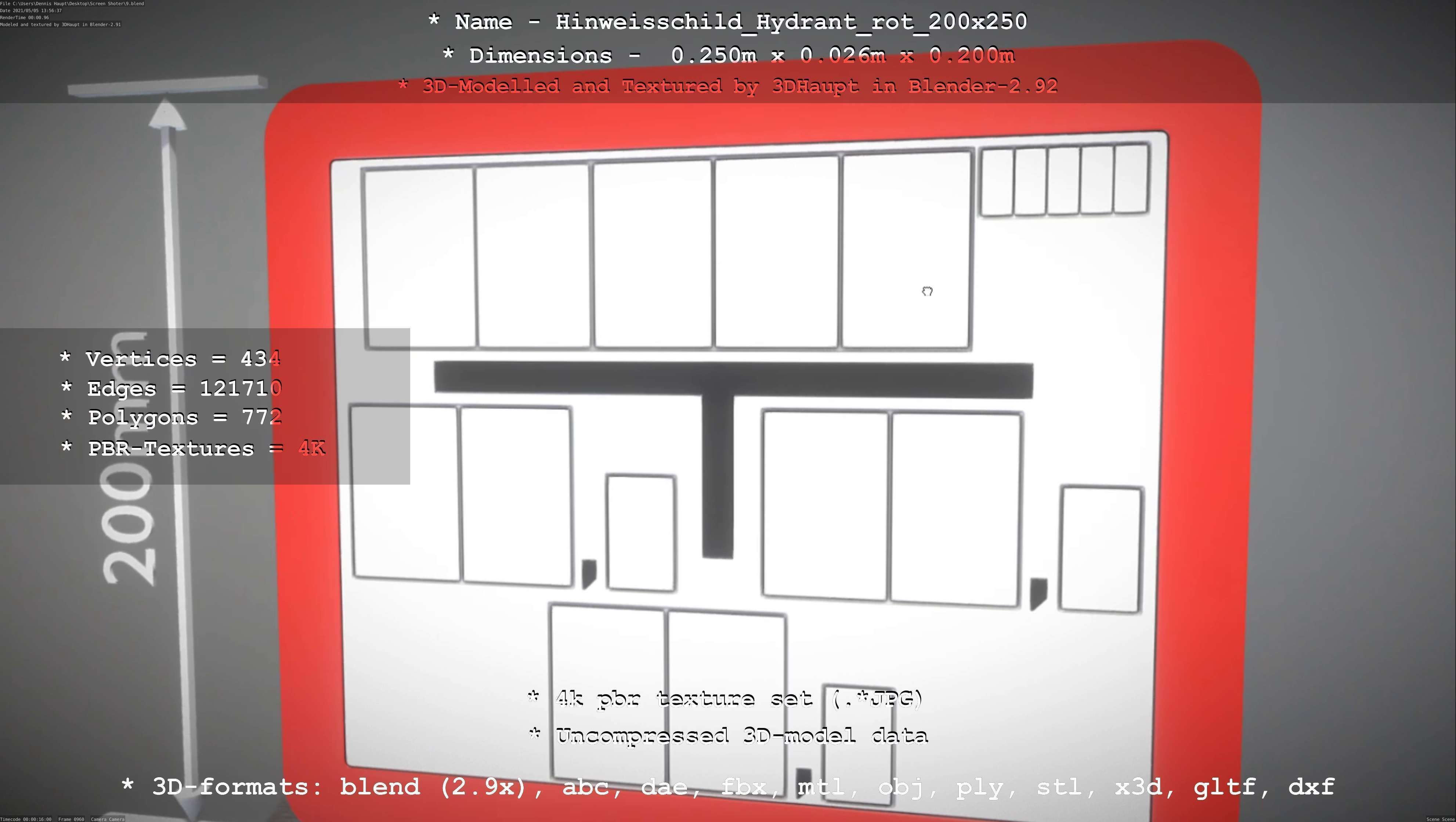 Hinweisschild Hydrant rot 200x250mm Low-poly 3D model_4