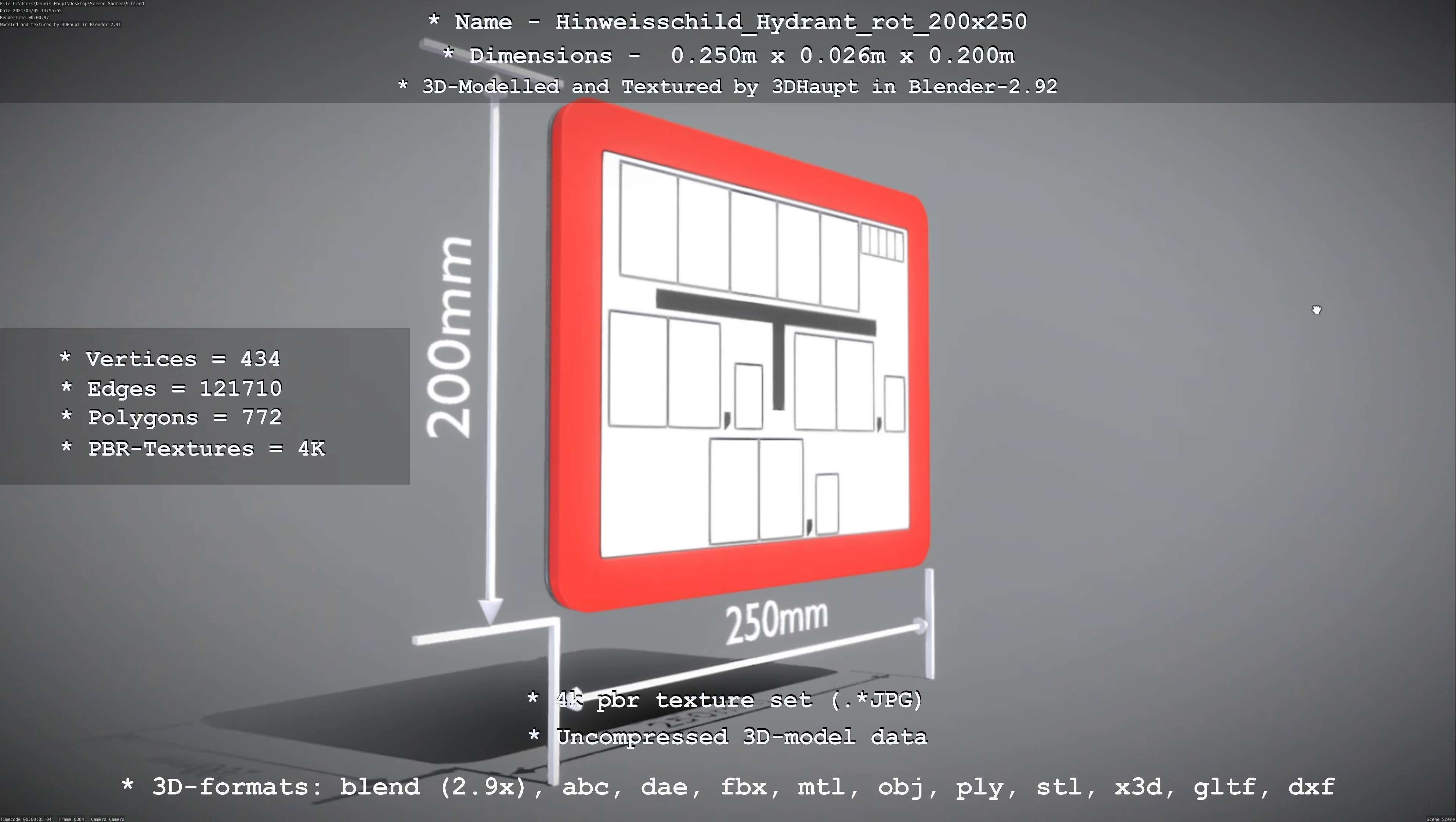 Hinweisschild Hydrant rot 200x250mm Low-poly 3D model_24