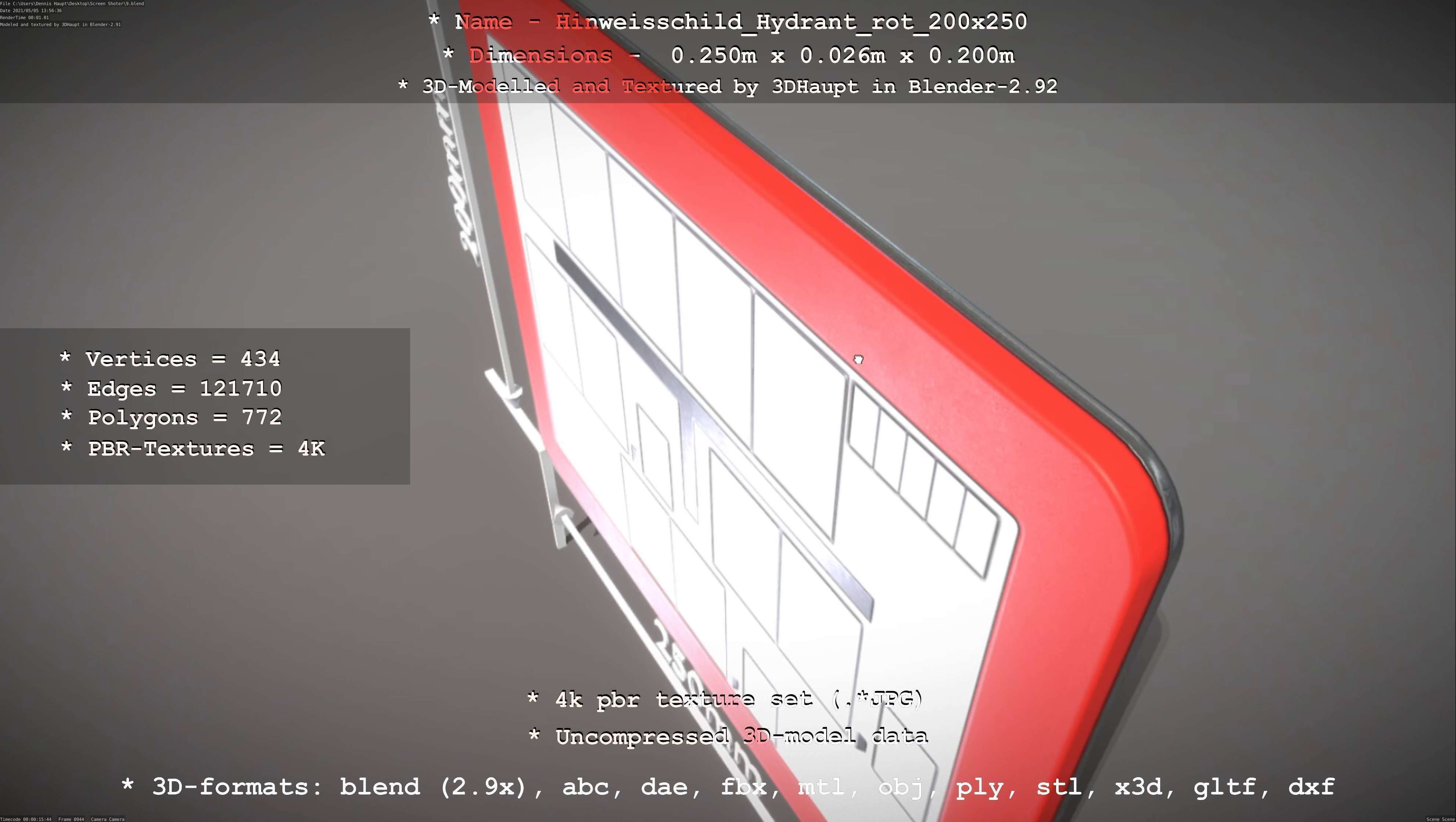 Hinweisschild Hydrant rot 200x250mm Low-poly 3D model_93