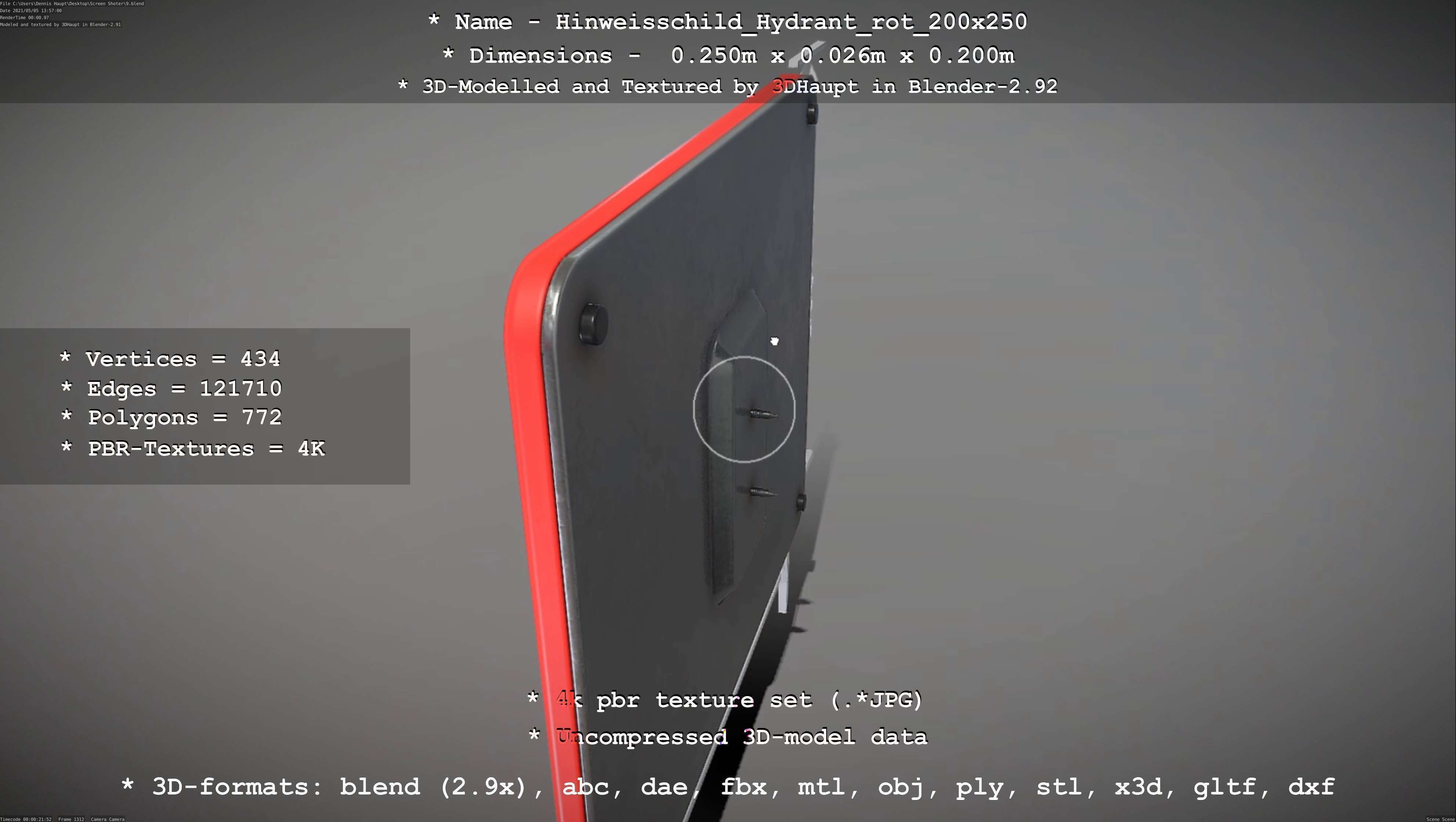 Hinweisschild Hydrant rot 200x250mm Low-poly 3D model_10