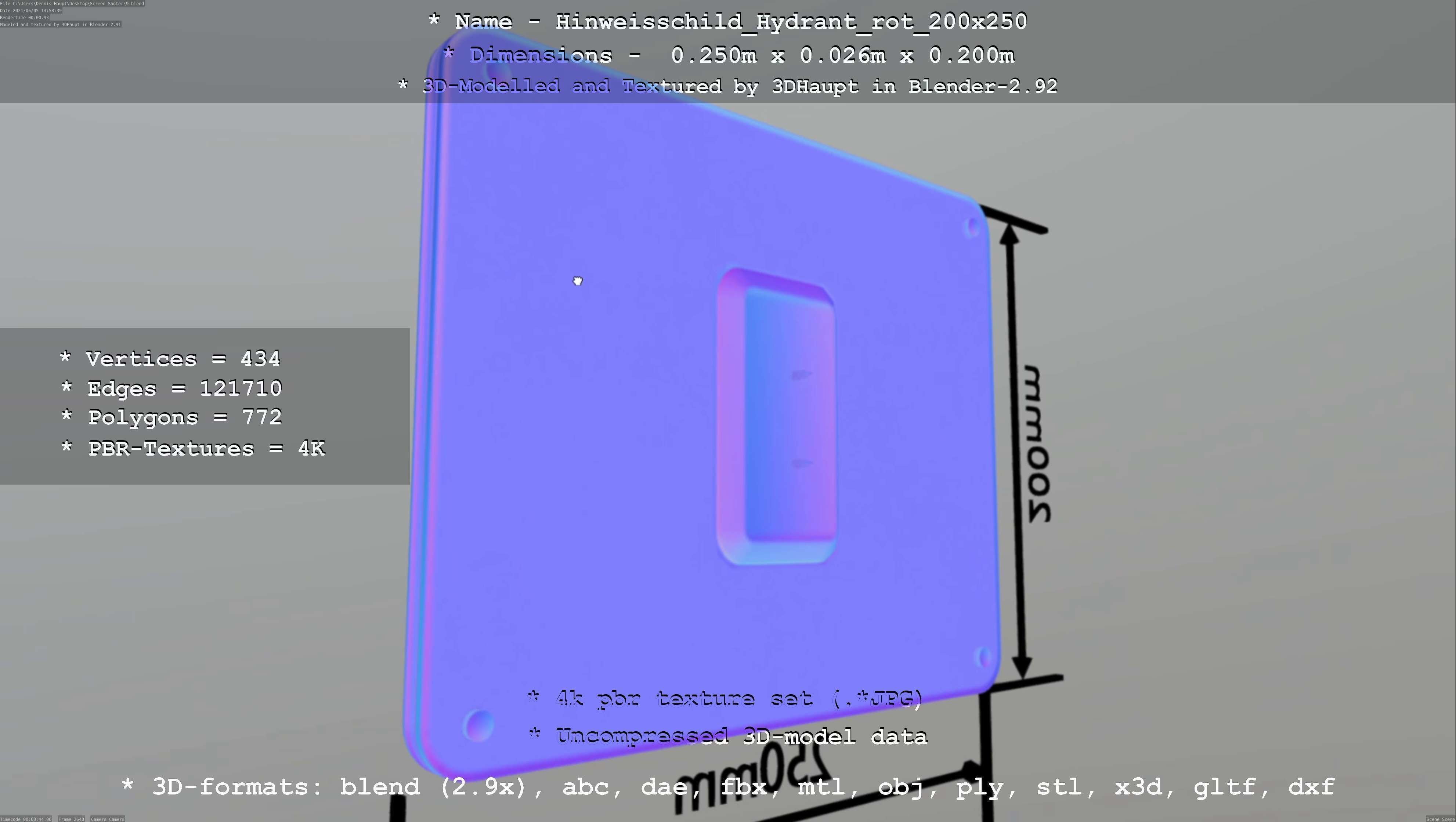 Hinweisschild Hydrant rot 200x250mm Low-poly 3D model_21