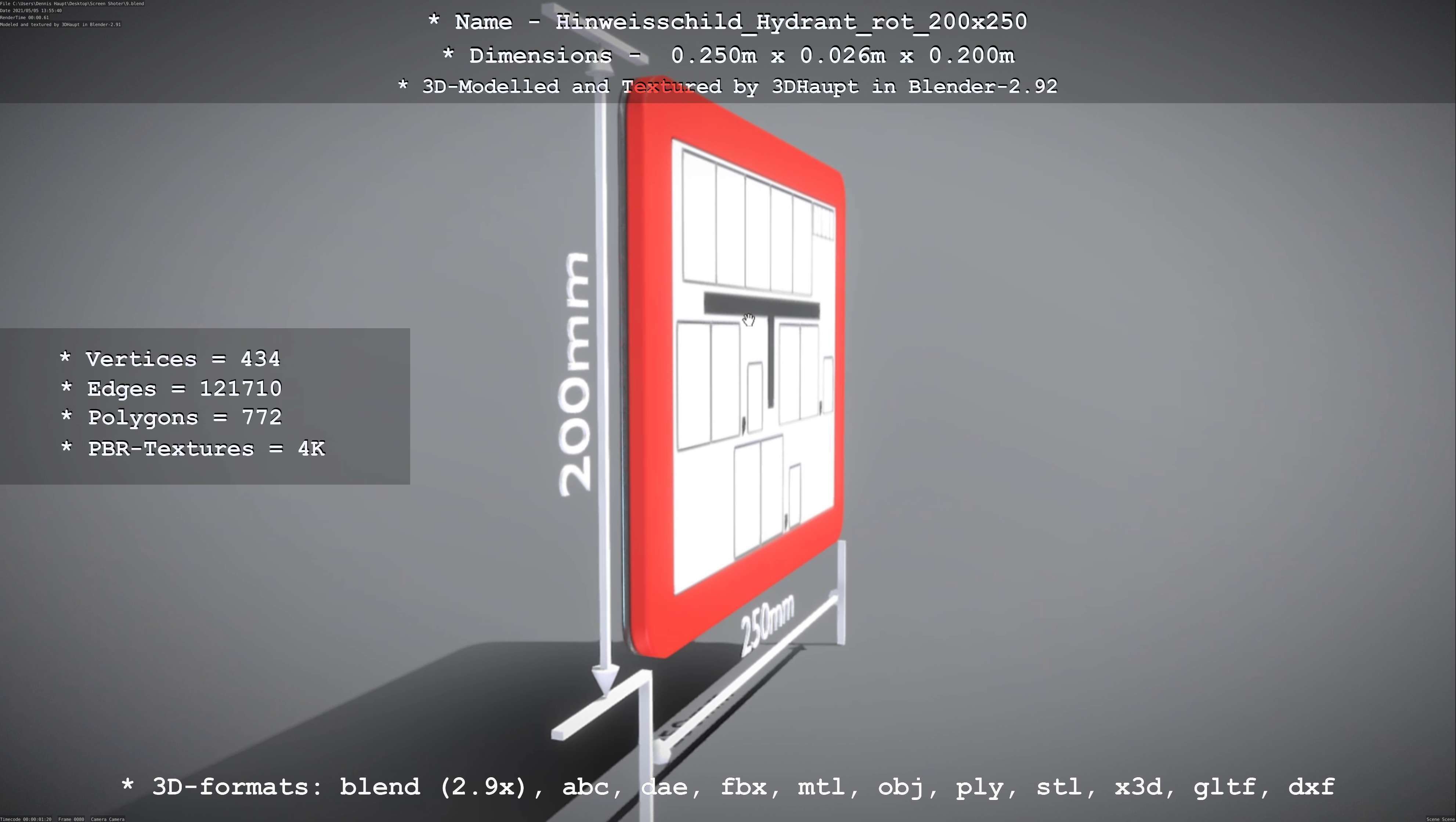 Hinweisschild Hydrant rot 200x250mm Low-poly 3D model_36