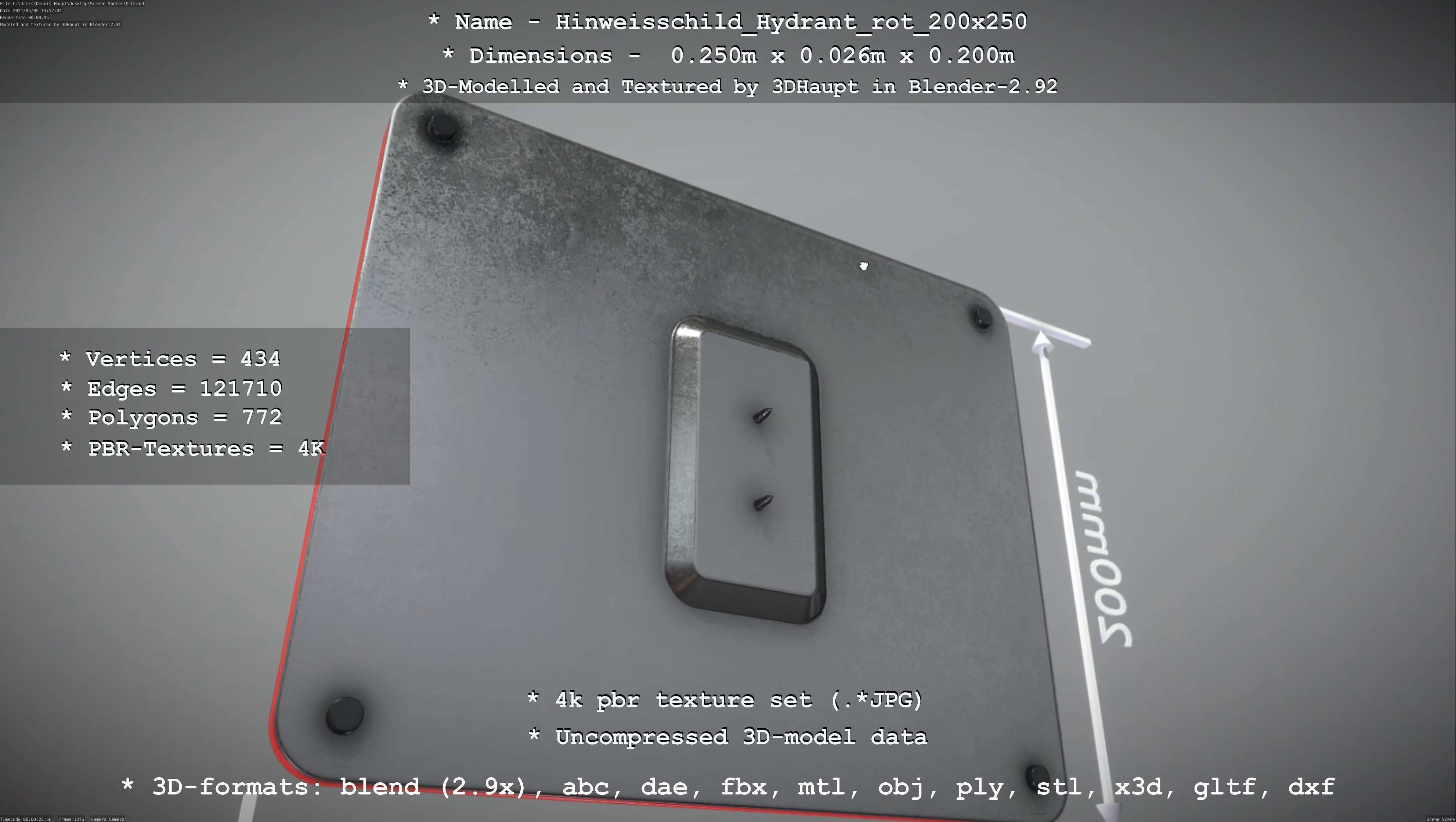 Hinweisschild Hydrant rot 200x250mm Low-poly 3D model_11