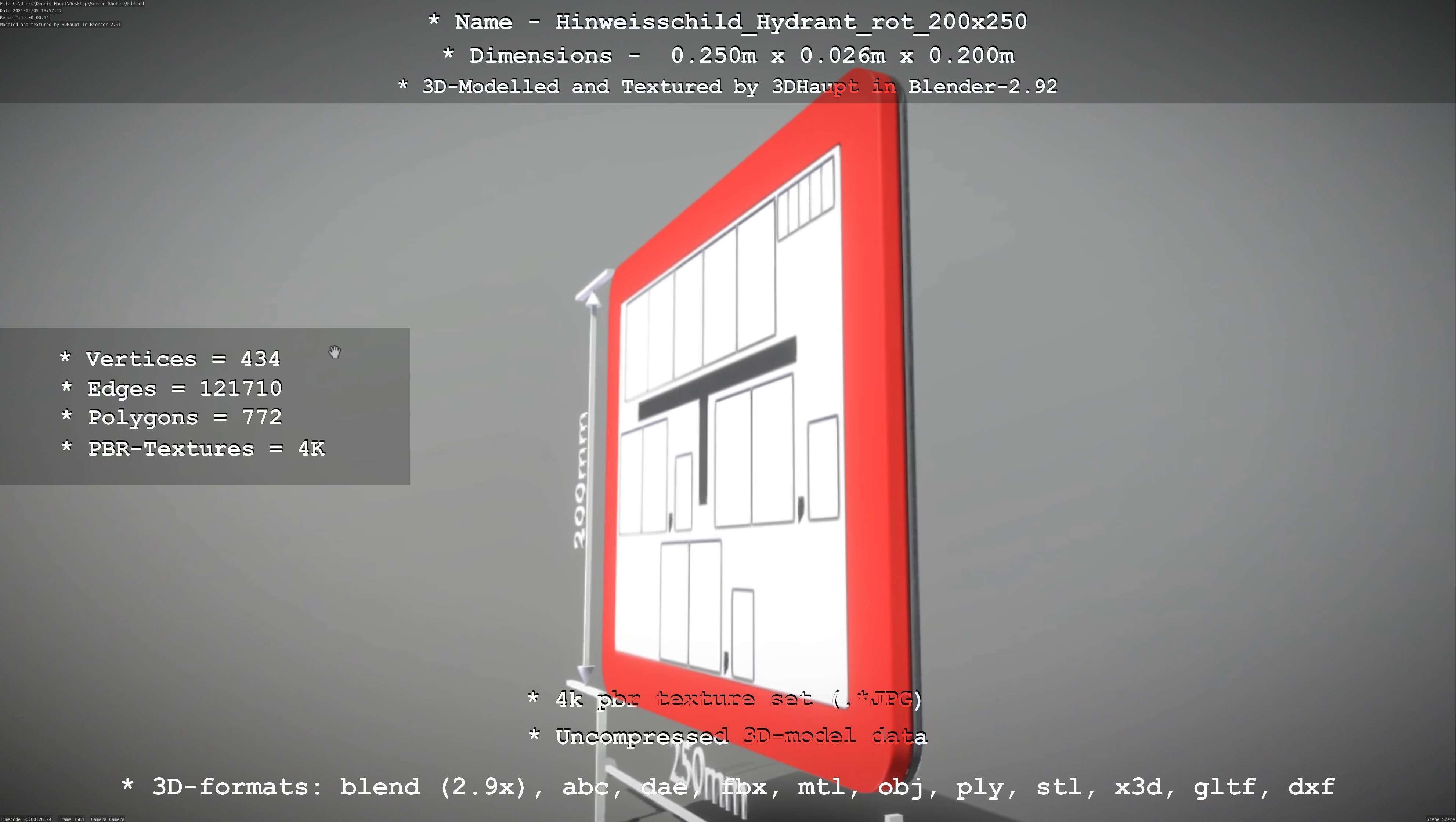 Hinweisschild Hydrant rot 200x250mm Low-poly 3D model_12