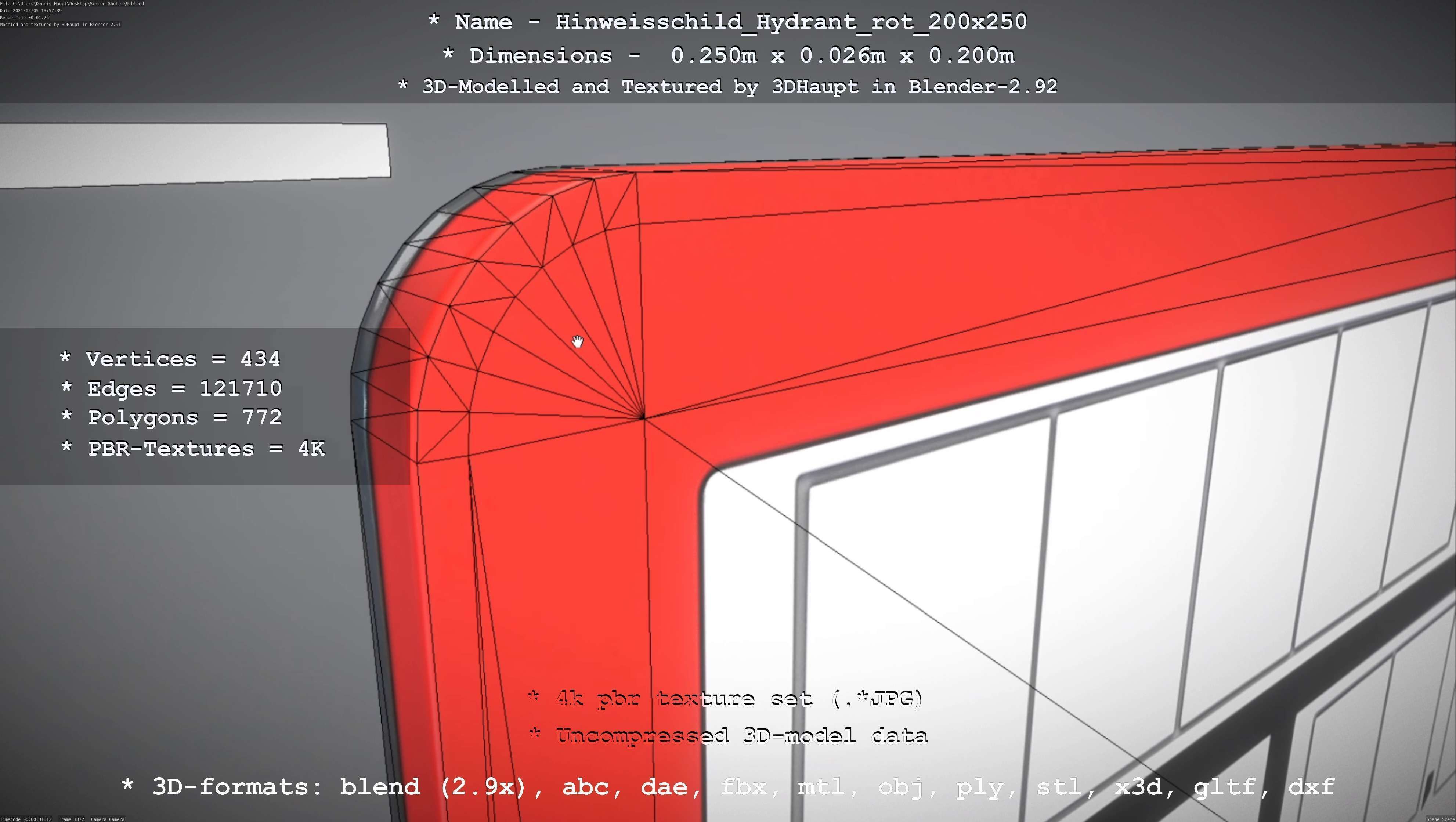 Hinweisschild Hydrant rot 200x250mm Low-poly 3D model_16
