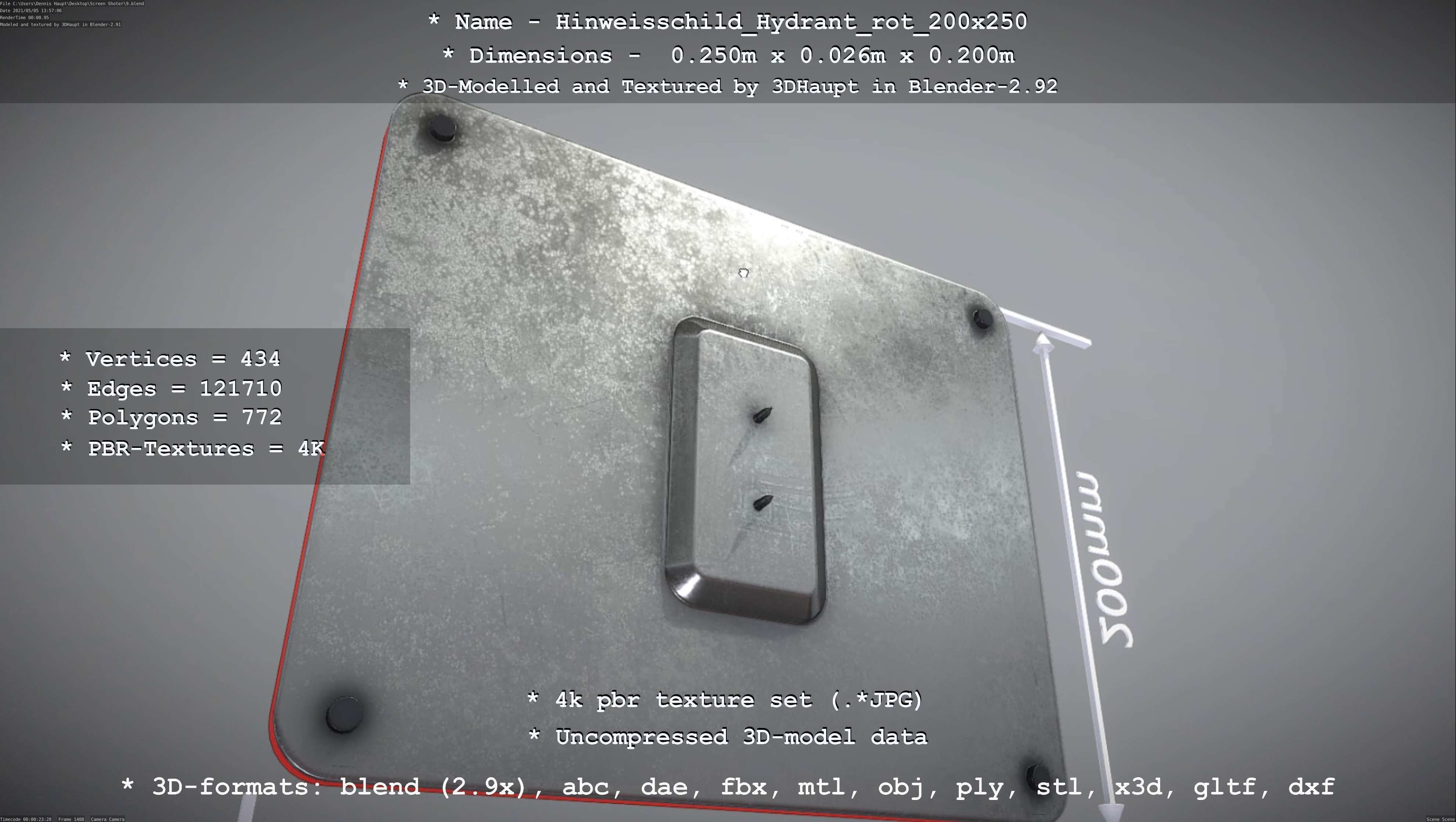 Hinweisschild Hydrant rot 200x250mm Low-poly 3D model_3