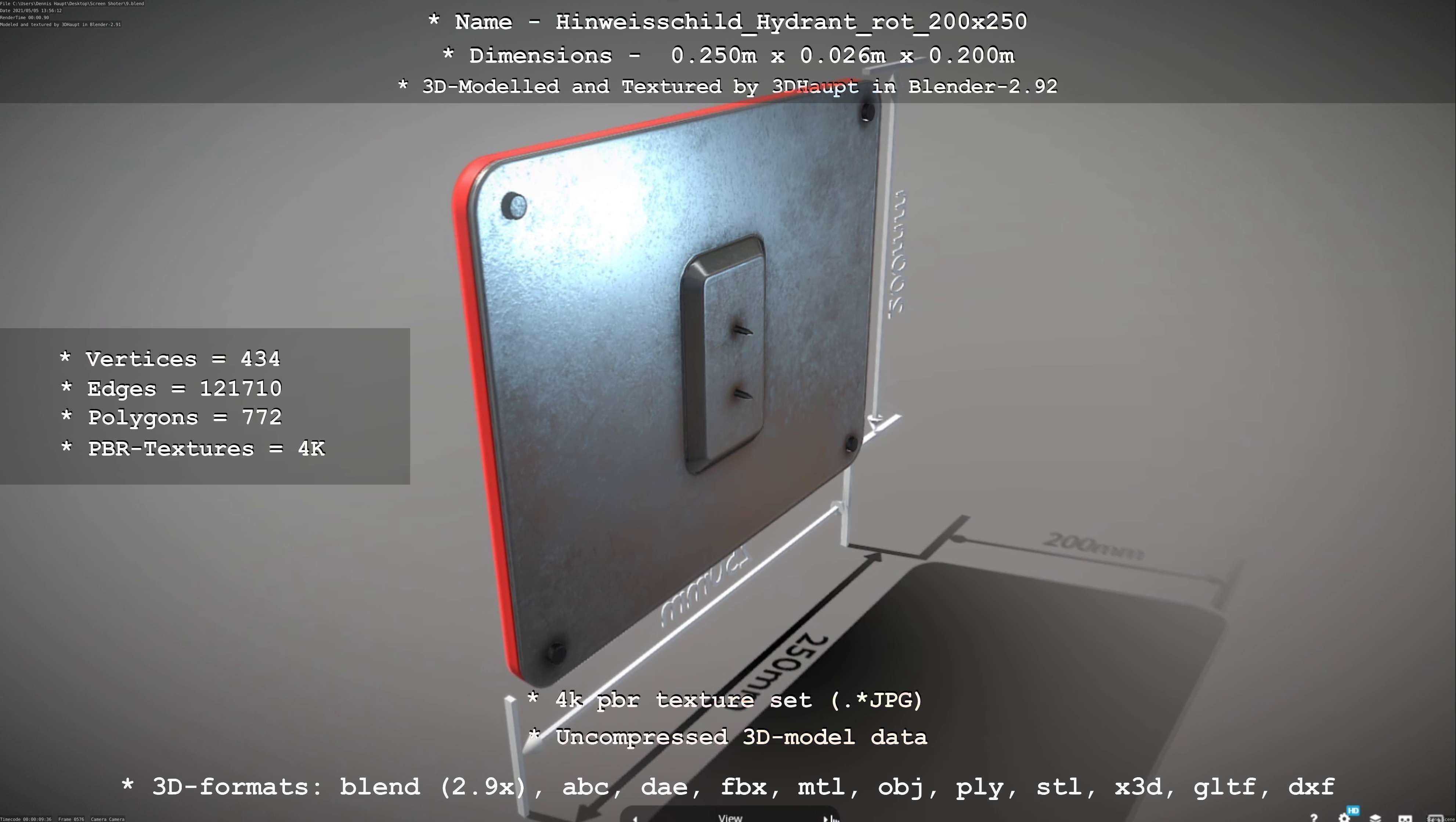 Hinweisschild Hydrant rot 200x250mm Low-poly 3D model_41