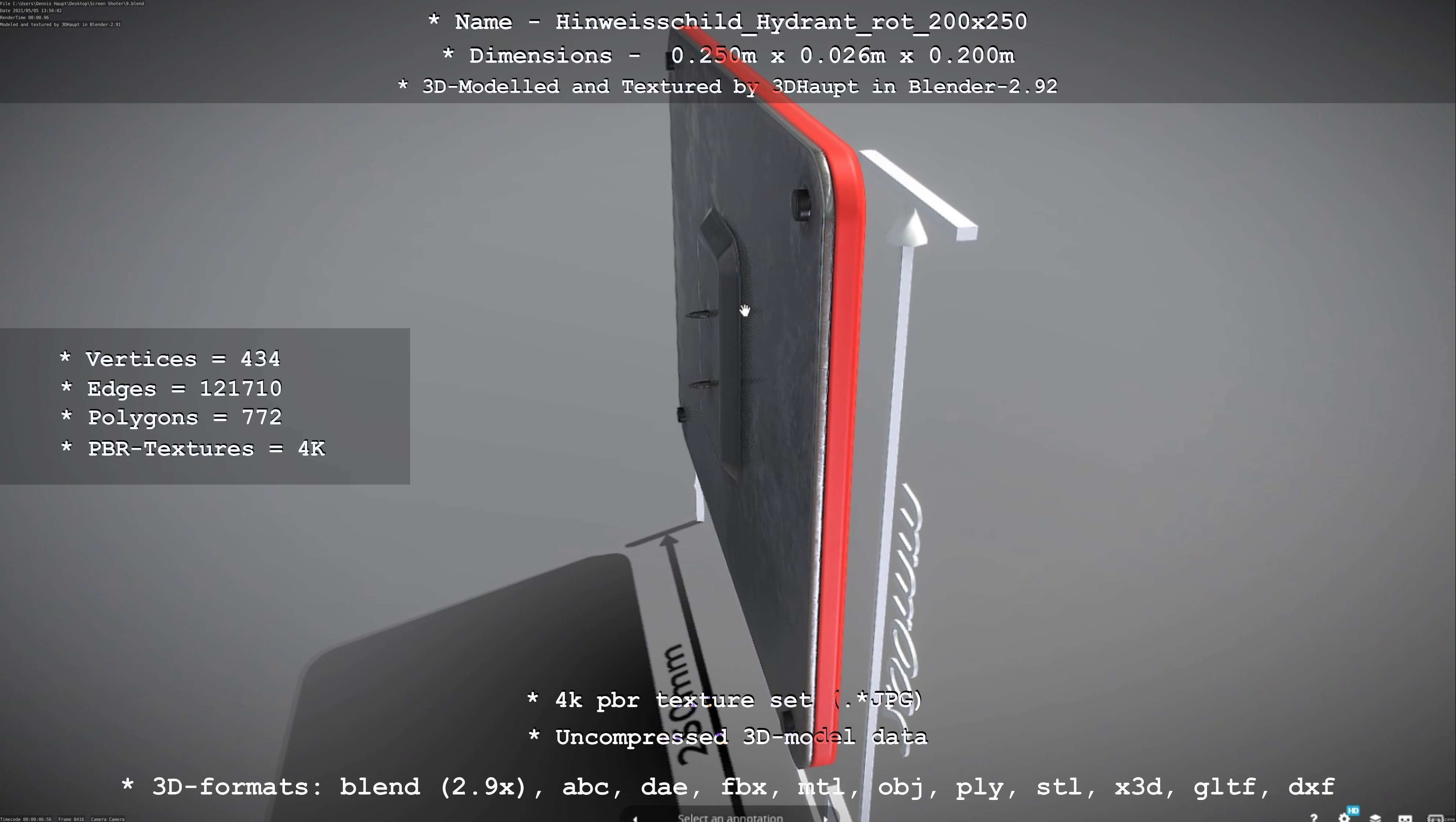 Hinweisschild Hydrant rot 200x250mm Low-poly 3D model_81