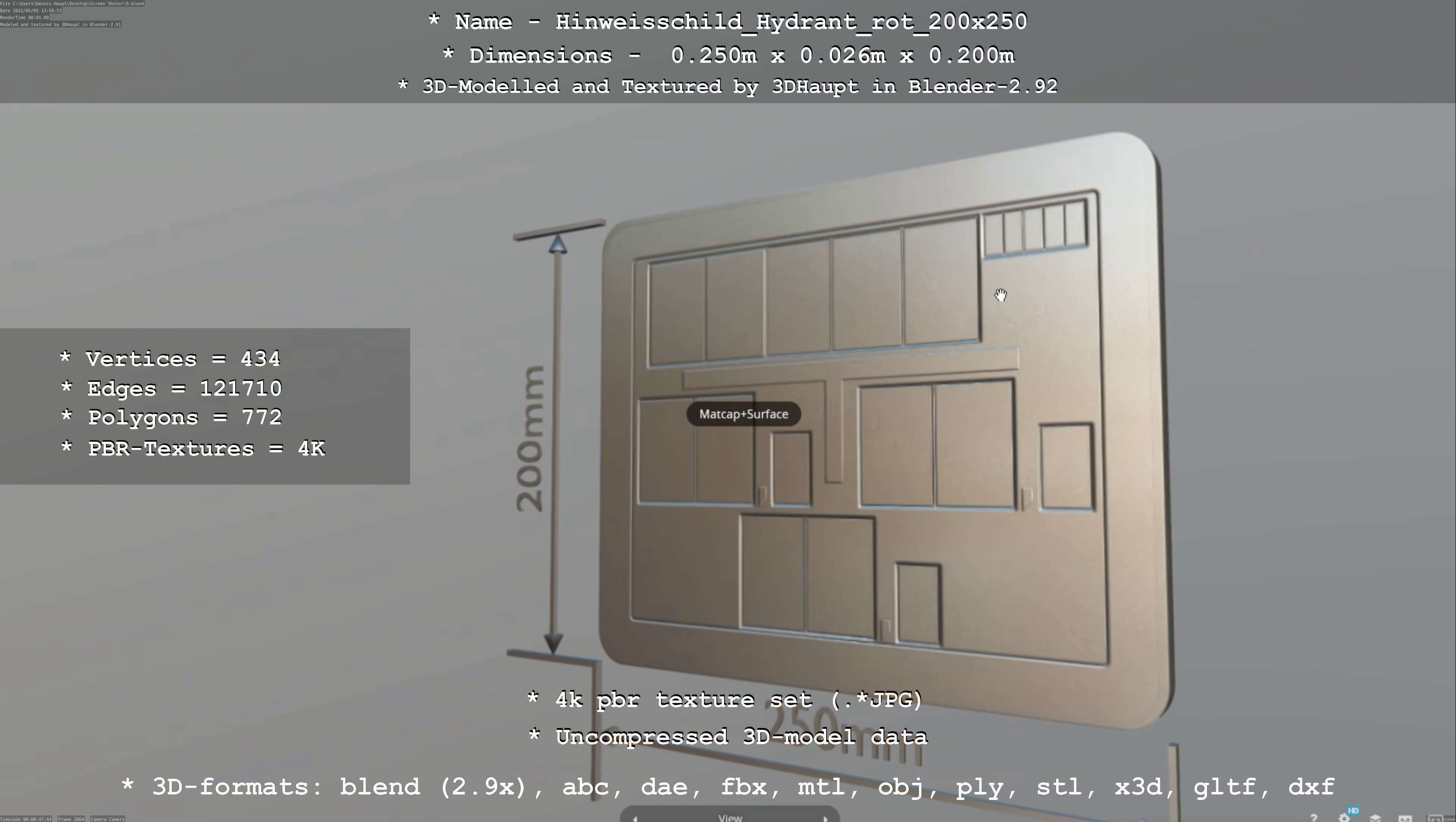 Hinweisschild Hydrant rot 200x250mm Low-poly 3D model_53