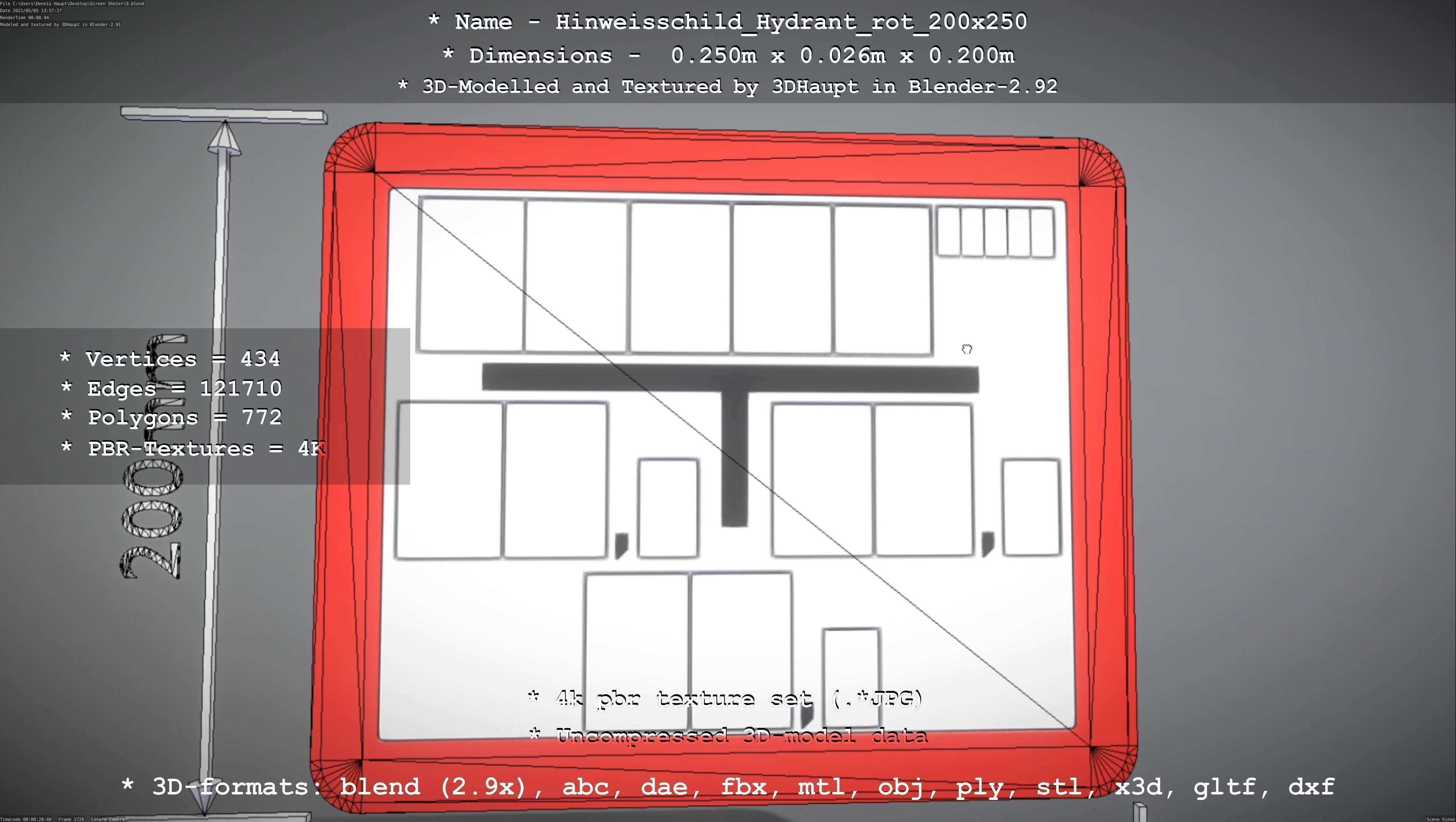 Hinweisschild Hydrant rot 200x250mm Low-poly 3D model_54