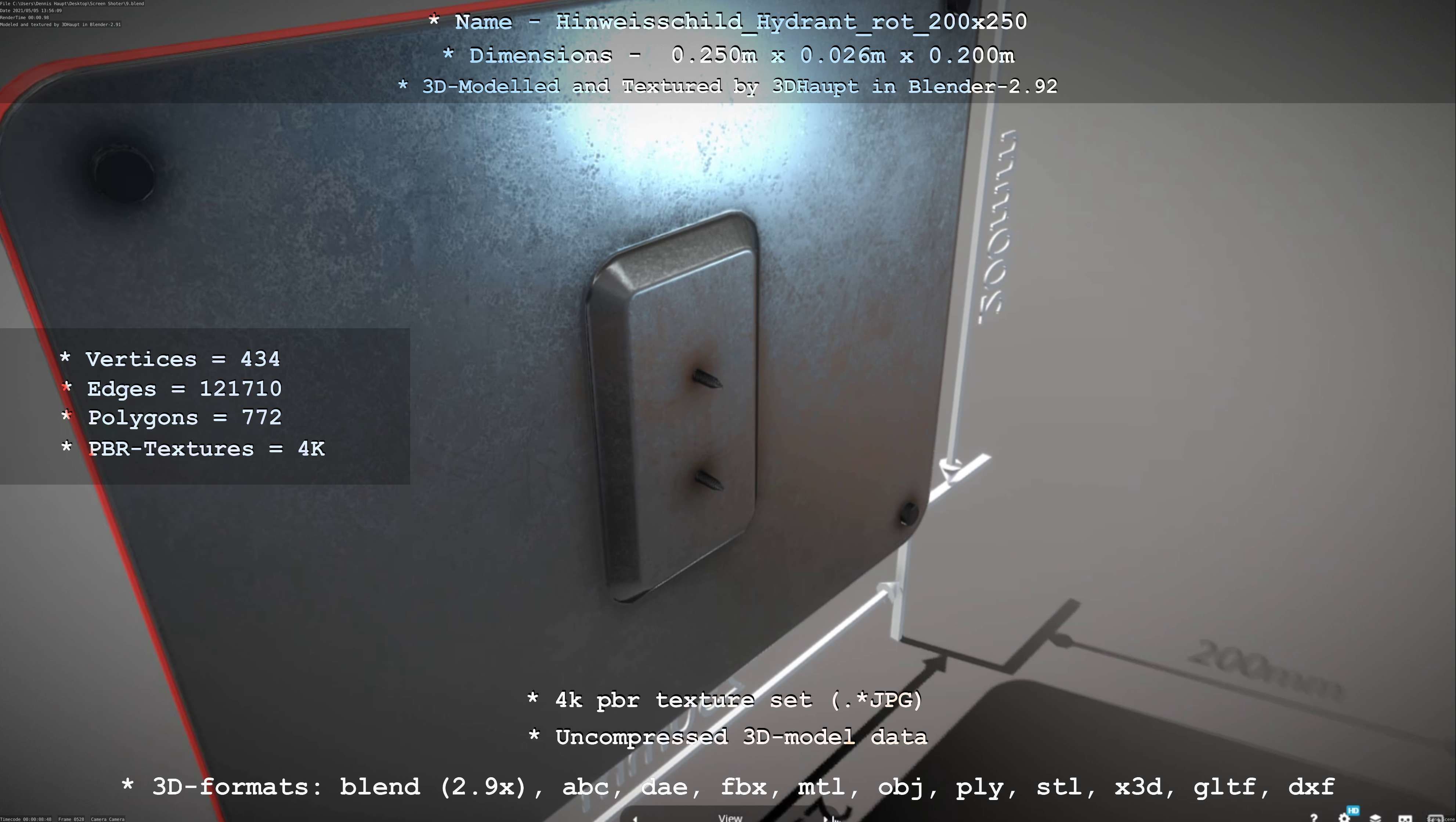 Hinweisschild Hydrant rot 200x250mm Low-poly 3D model_39