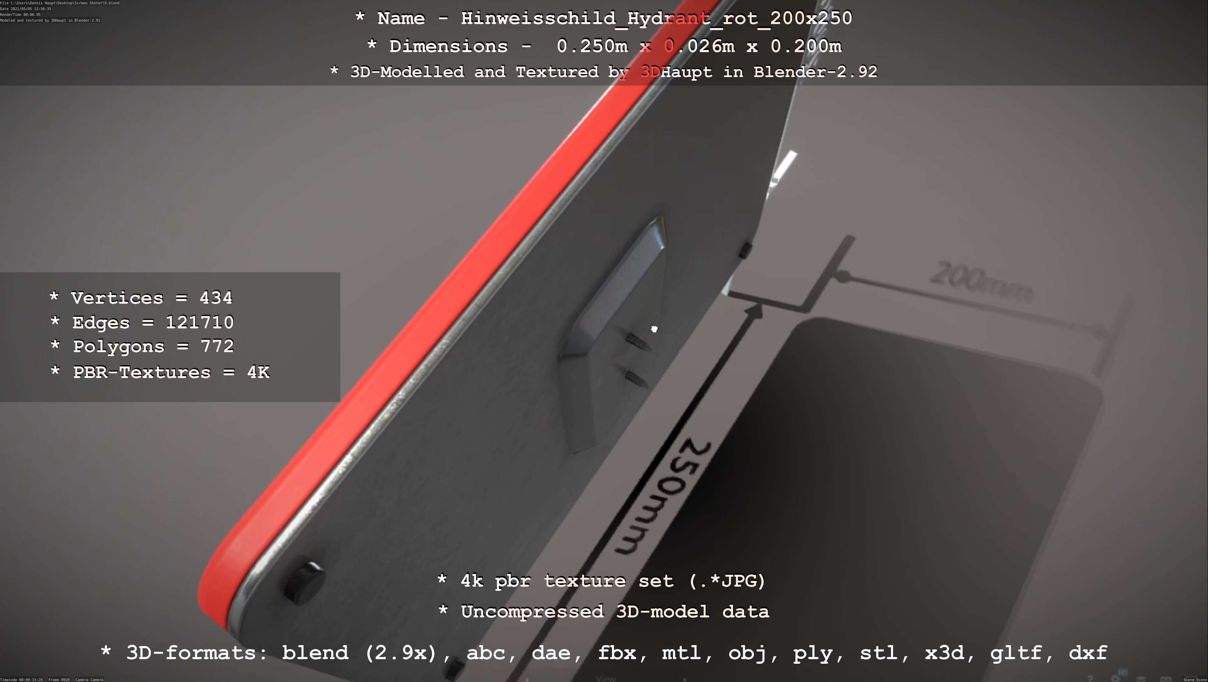 Hinweisschild Hydrant rot 200x250mm Low-poly 3D model_92