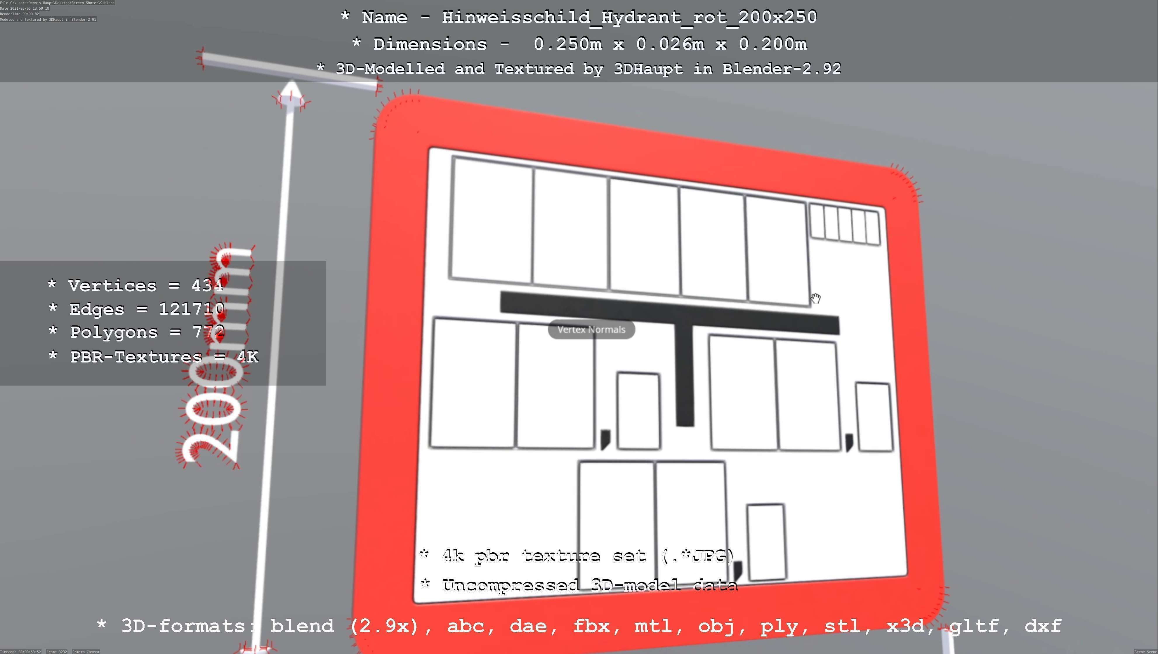 Hinweisschild Hydrant rot 200x250mm Low-poly 3D model_58