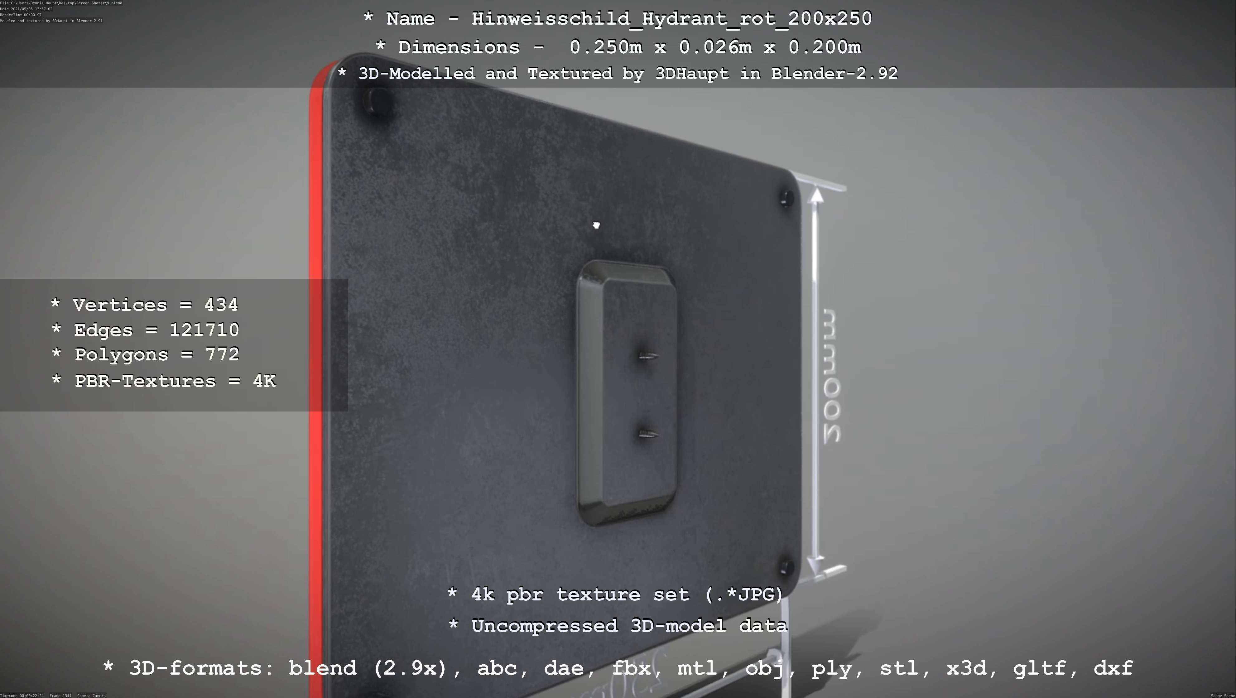 Hinweisschild Hydrant rot 200x250mm Low-poly 3D model_99