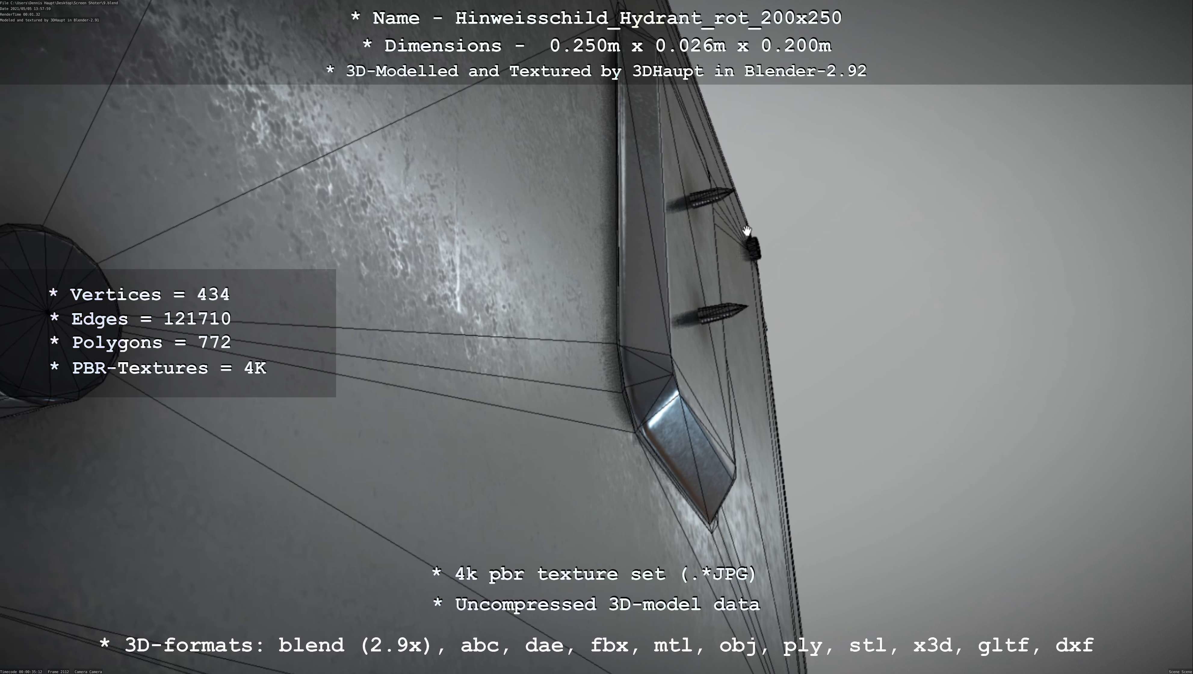 Hinweisschild Hydrant rot 200x250mm Low-poly 3D model_104